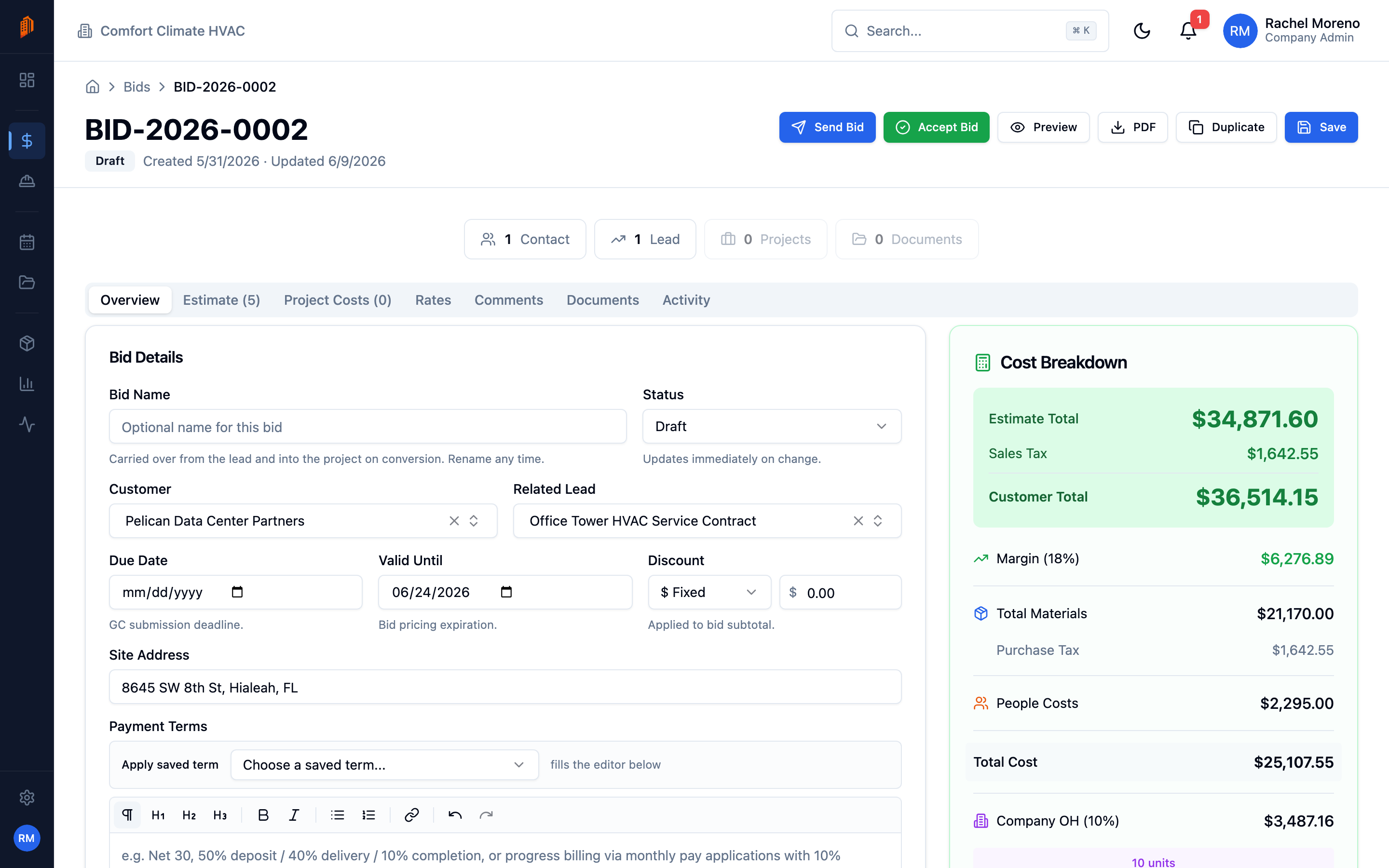 A bid detail page in BuildWorkPro