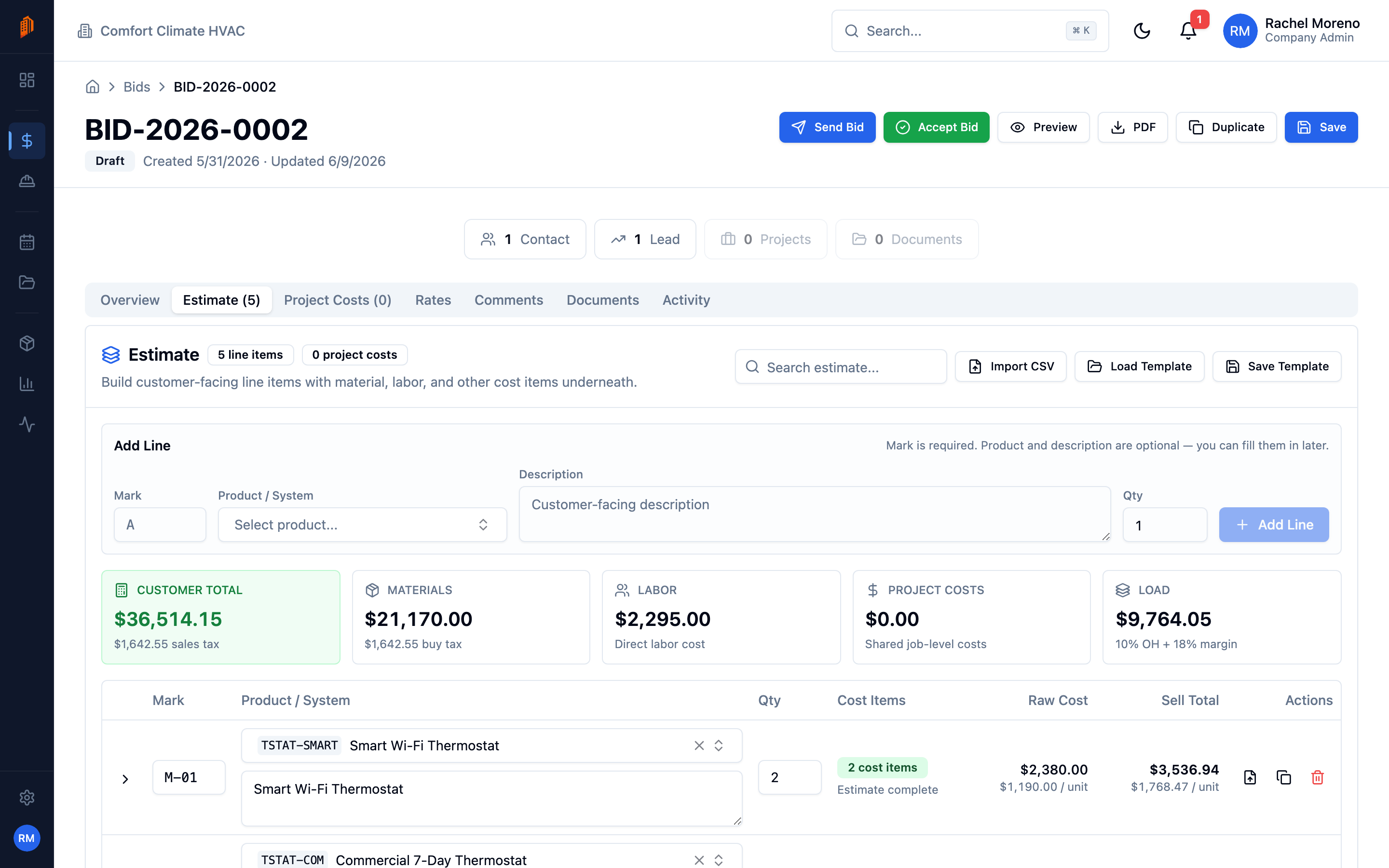 The Estimate tab of a bid