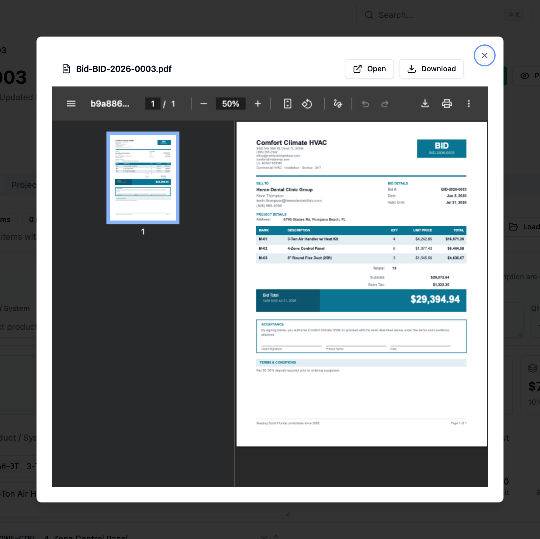 The PDF preview dialog showing a client-ready bid PDF with Open and Download buttons