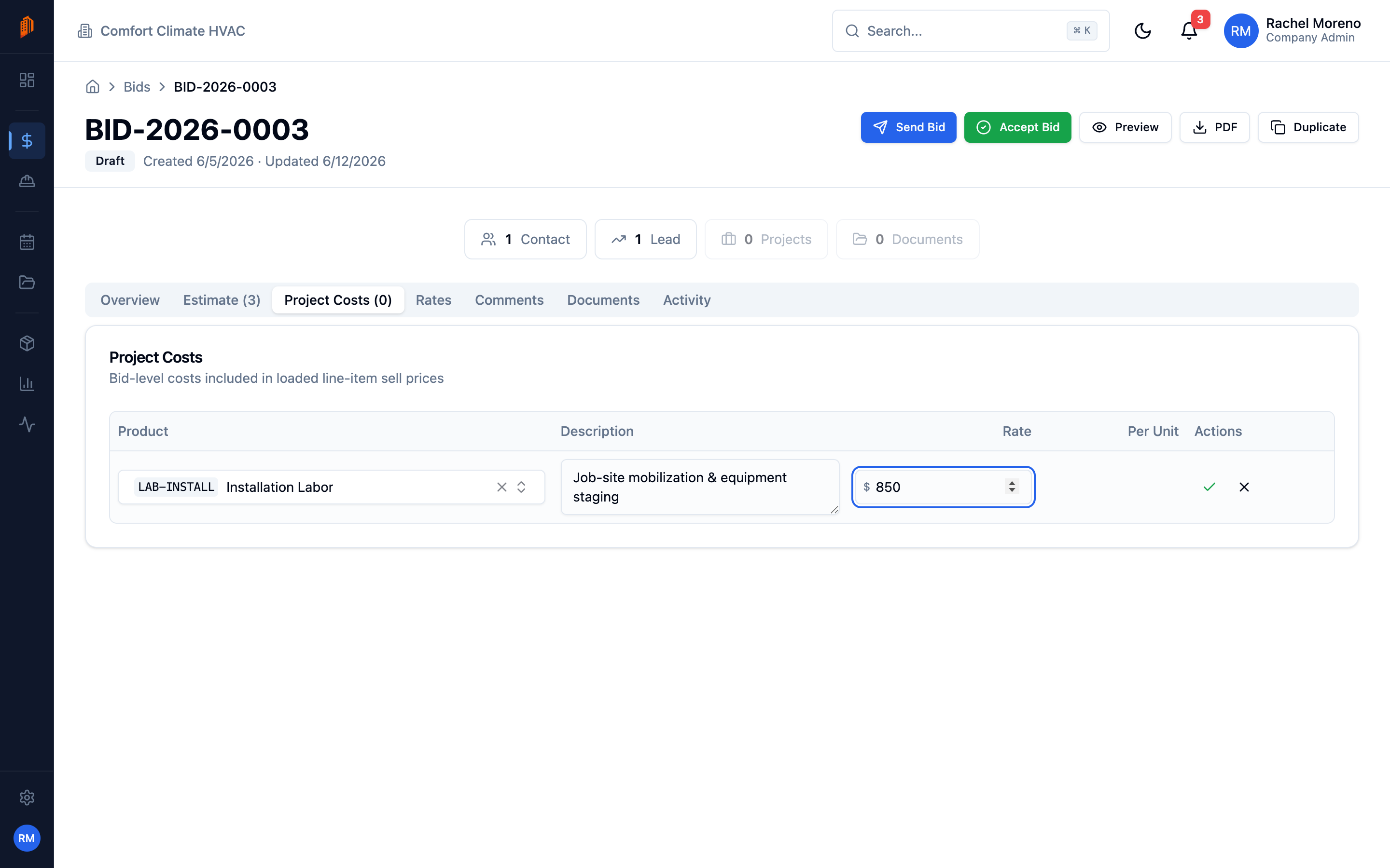 The Project Costs tab of a bid with the Add Cost form open on a new cost row