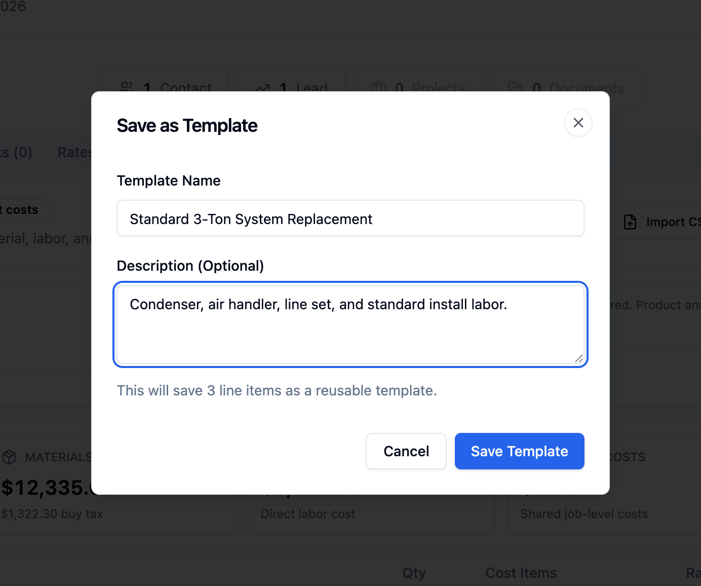 The Save as Template dialog with a template name and description filled in