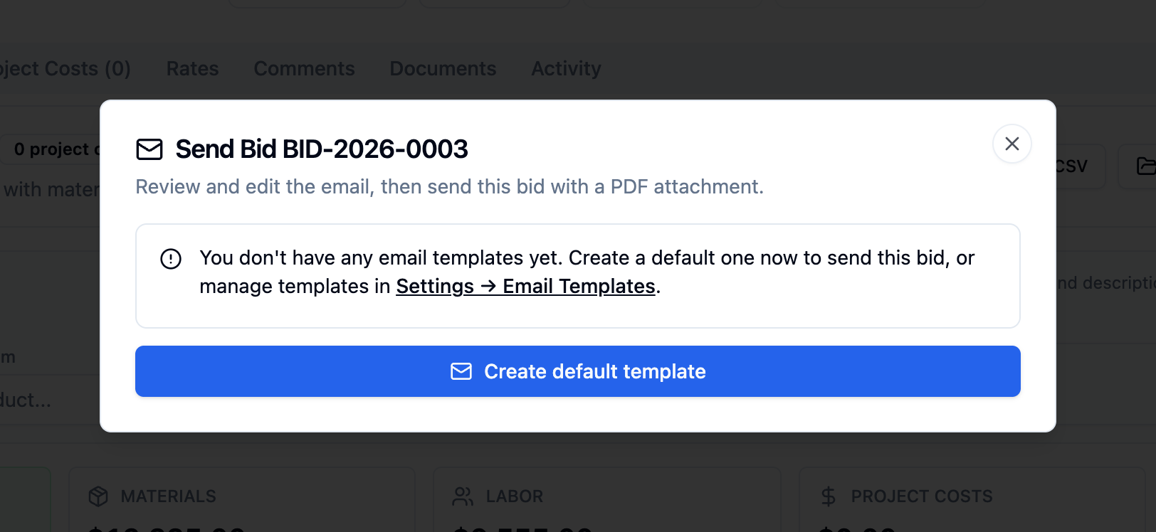 The Send Bid dialog opened from a draft bid, which sends the bid as a PDF attachment