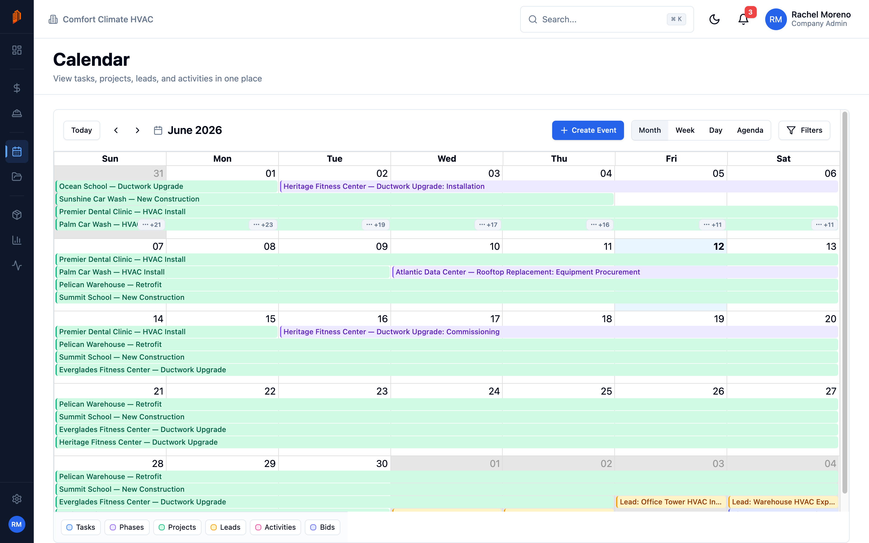 The Calendar in month view showing project, phase, and lead events with the color legend