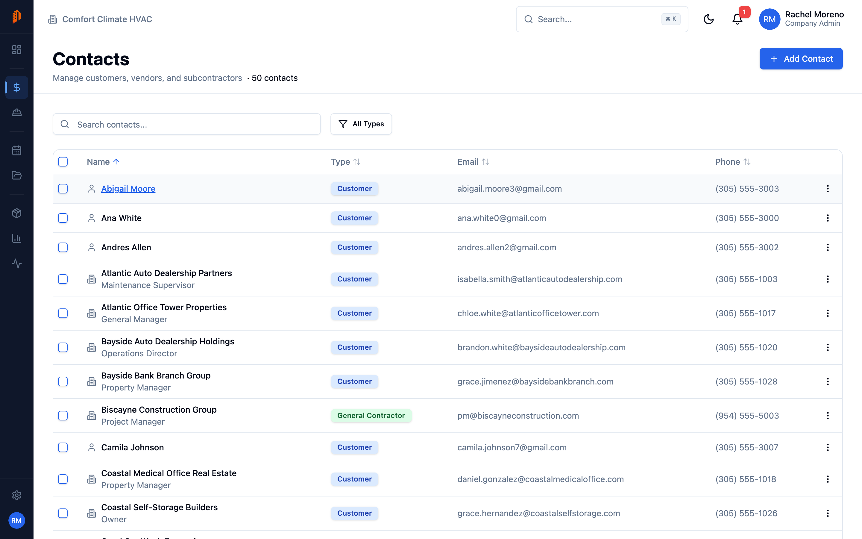 The Contacts list showing name, type, email, and phone