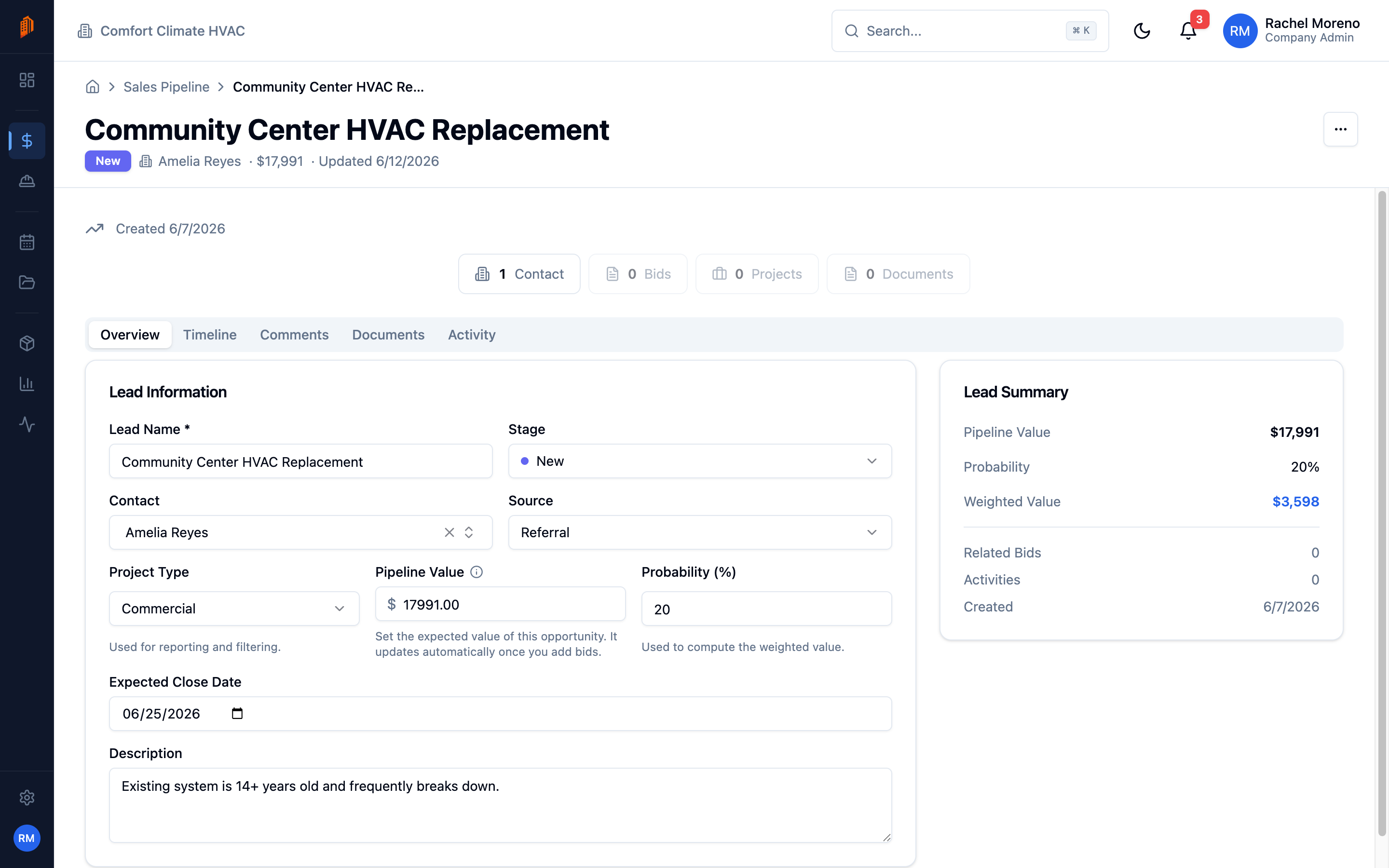 A lead detail page on the Overview tab with lead information and the Lead Summary panel