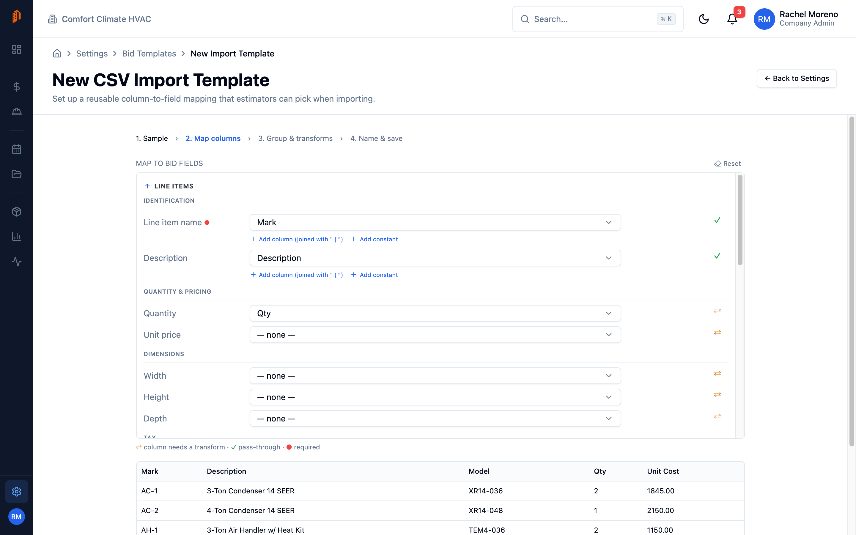 The CSV import template wizard on the Map columns step, with sample CSV rows previewed below the mapping