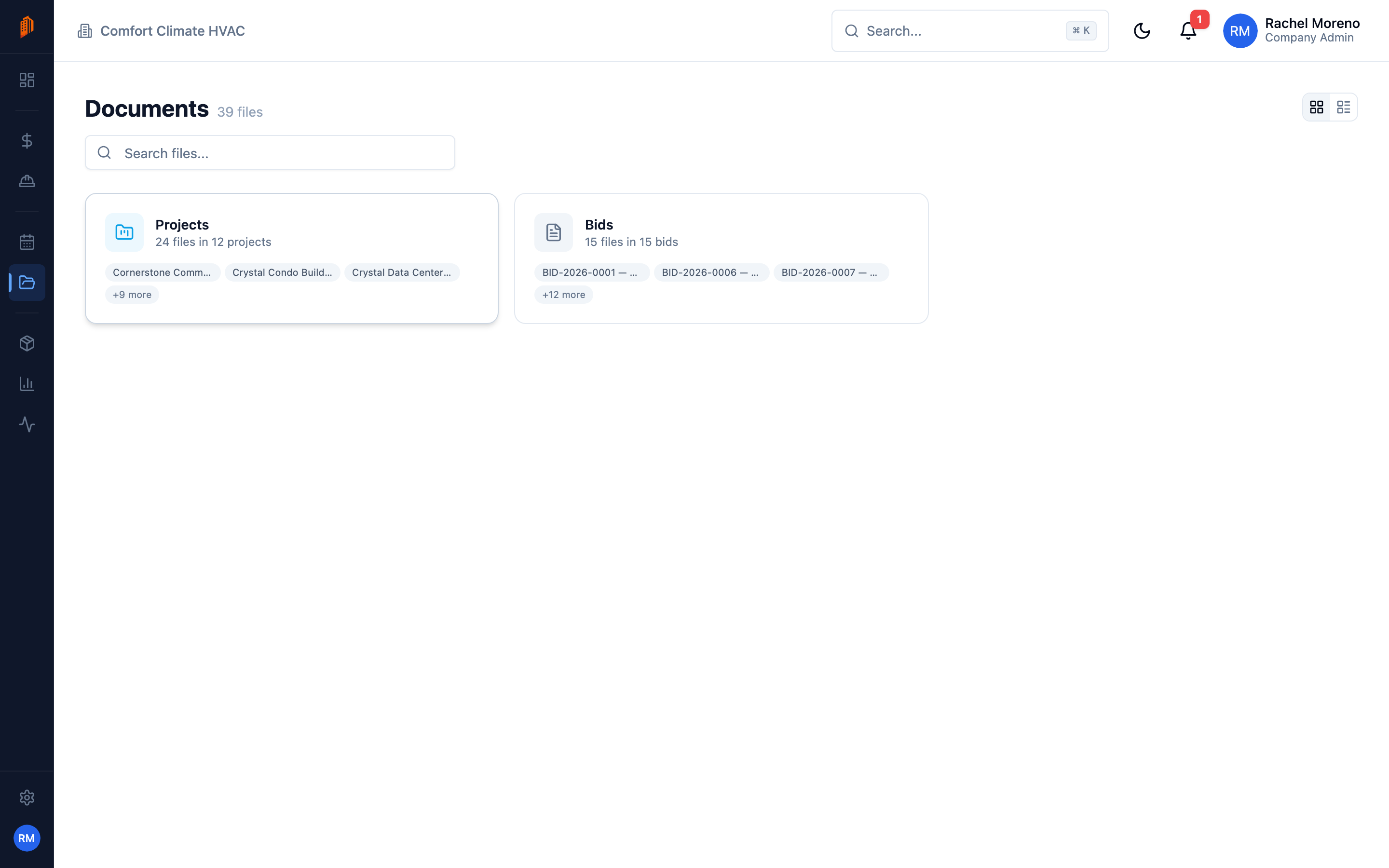 The Documents library listing files with their module, linked record, and category