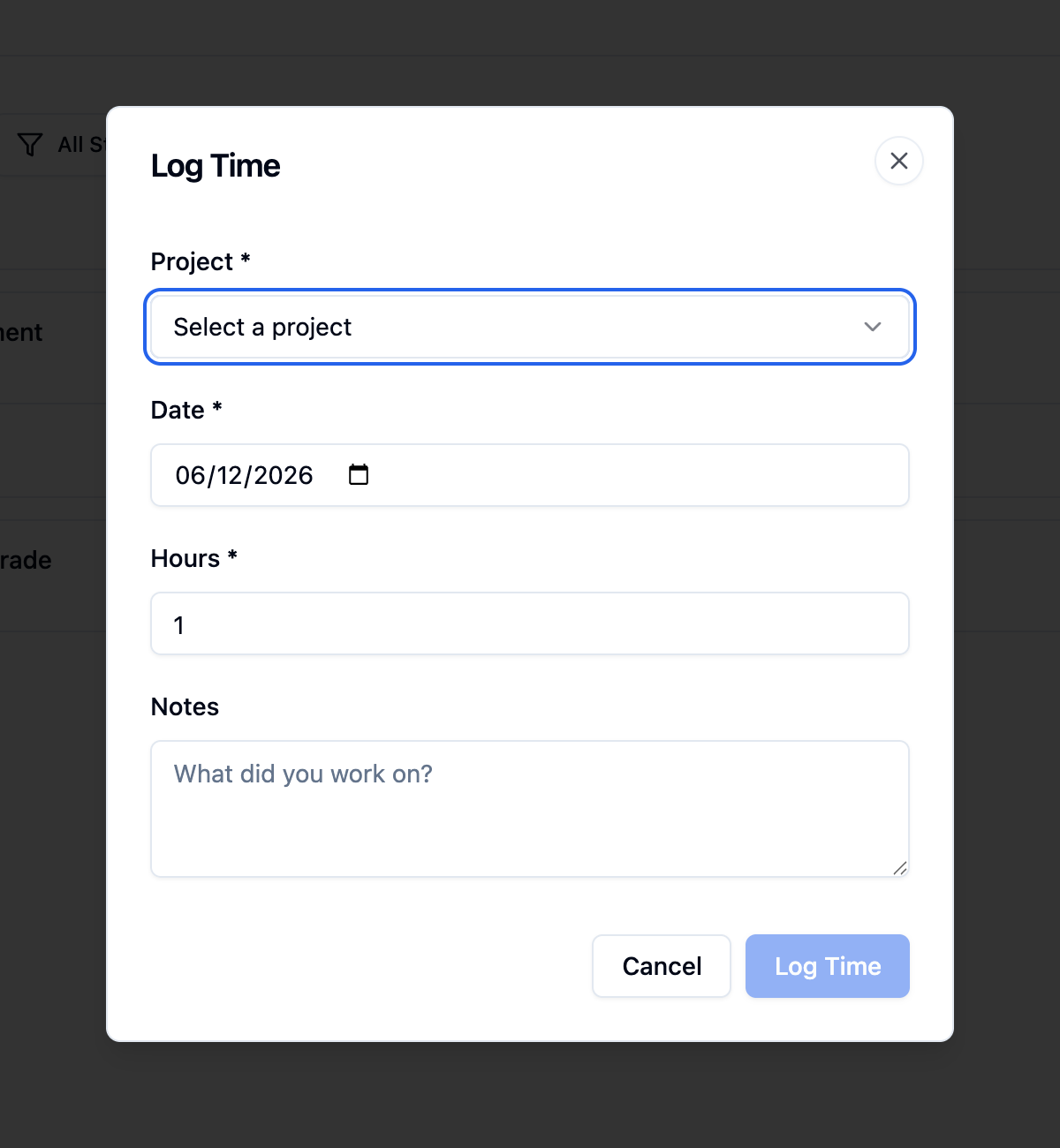 The Log Time dialog with project, date, hours, and notes fields
