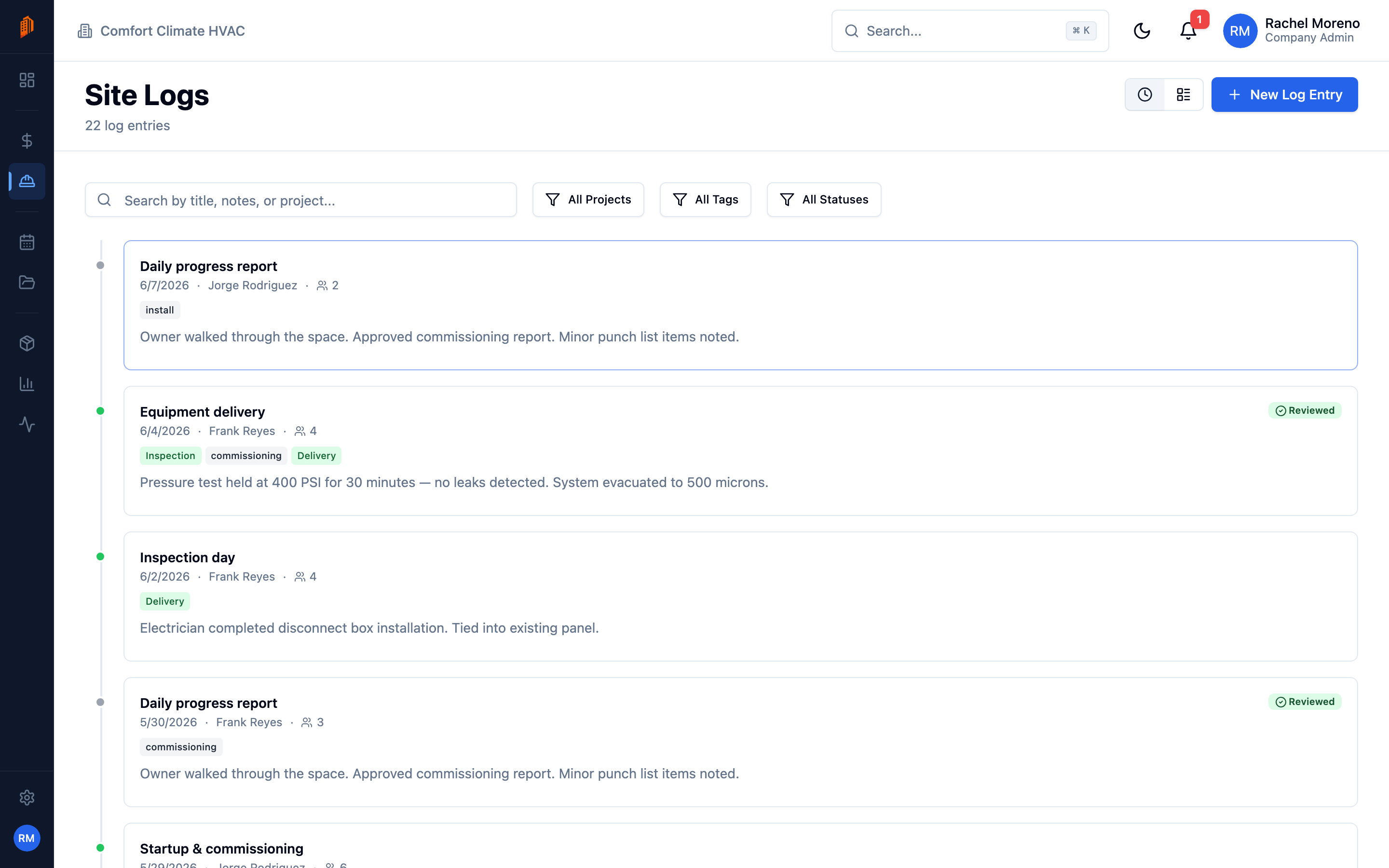 The Site Logs list showing date, title, tags, and reviewed status