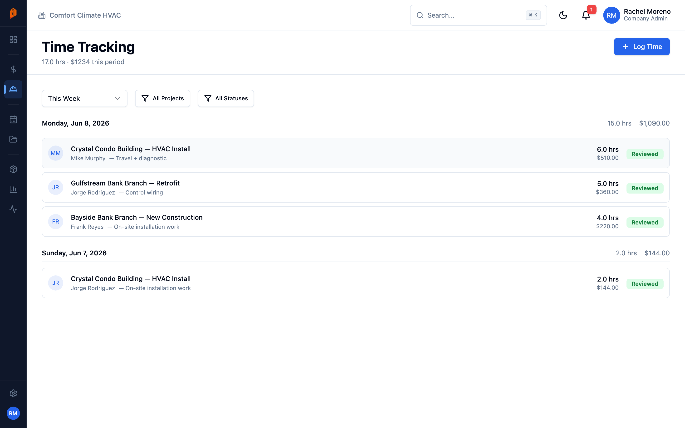 The Time Tracking page showing hours and cost by entry