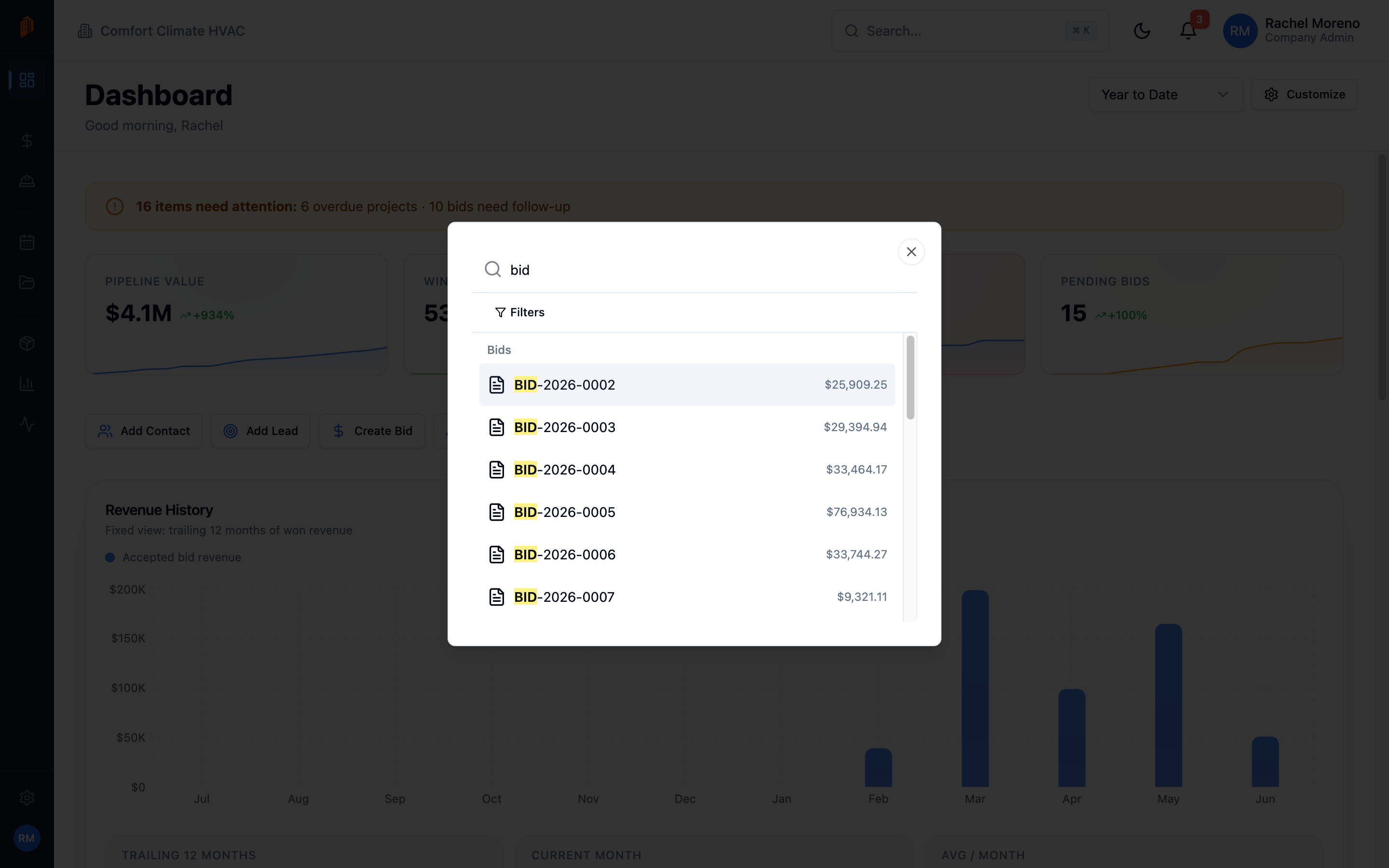 The command palette open over the dashboard with "bid" typed, listing matching bids with their totals