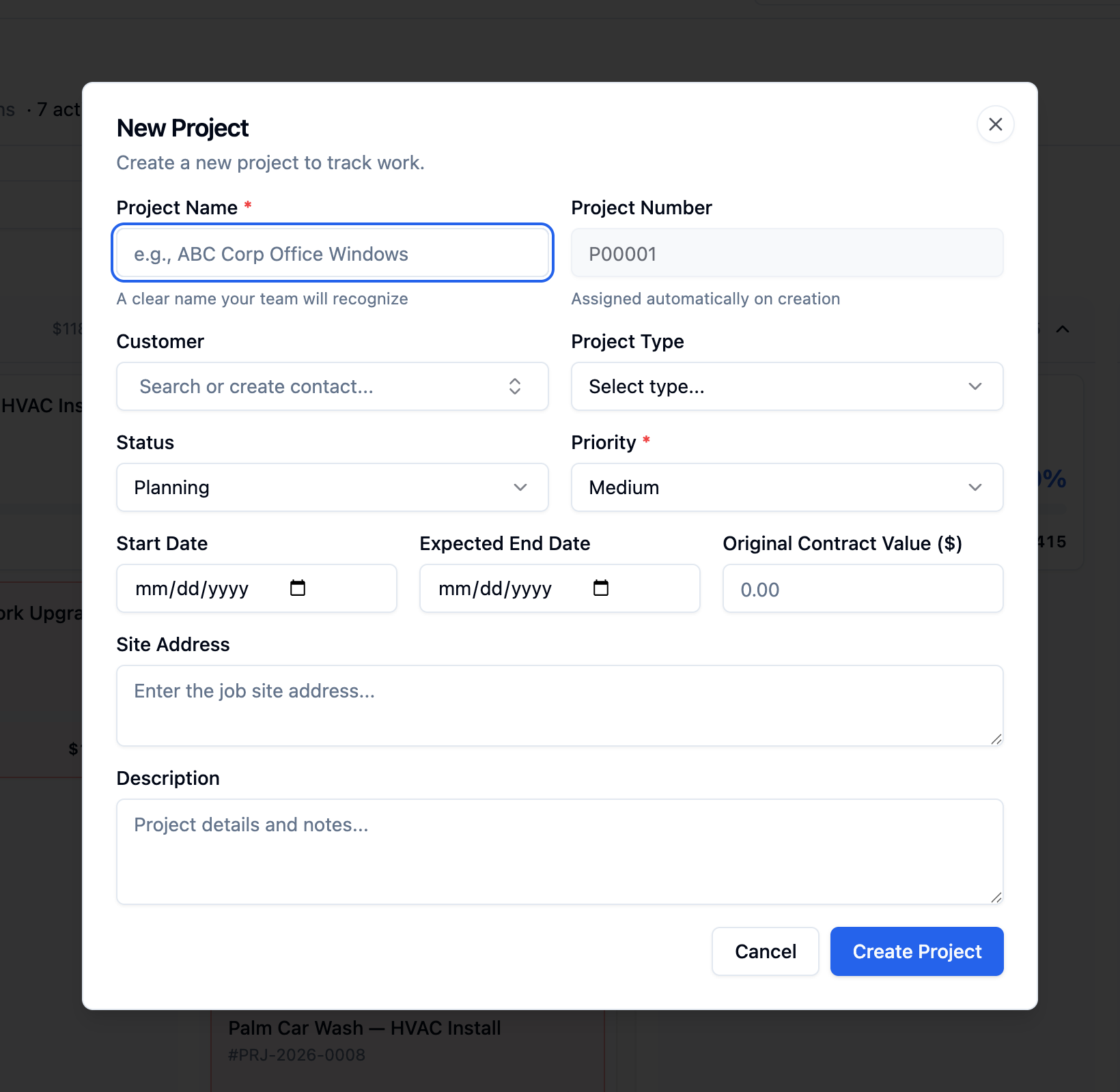 The New Project dialog with fields for name, customer, project type, status, priority, dates, and contract value