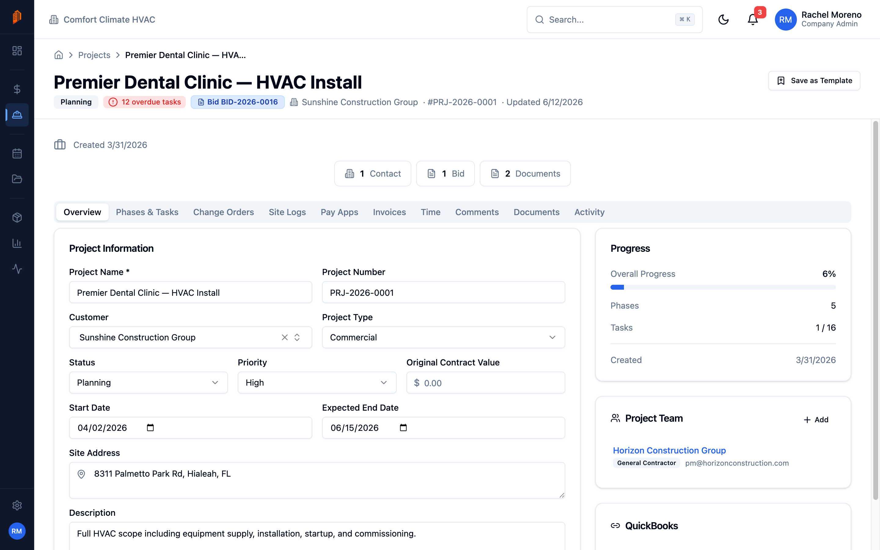 A project detail page showing the Overview tab, progress panel, and tabs for Phases & Tasks, Change Orders, Site Logs, Pay Apps, Invoices, and Time