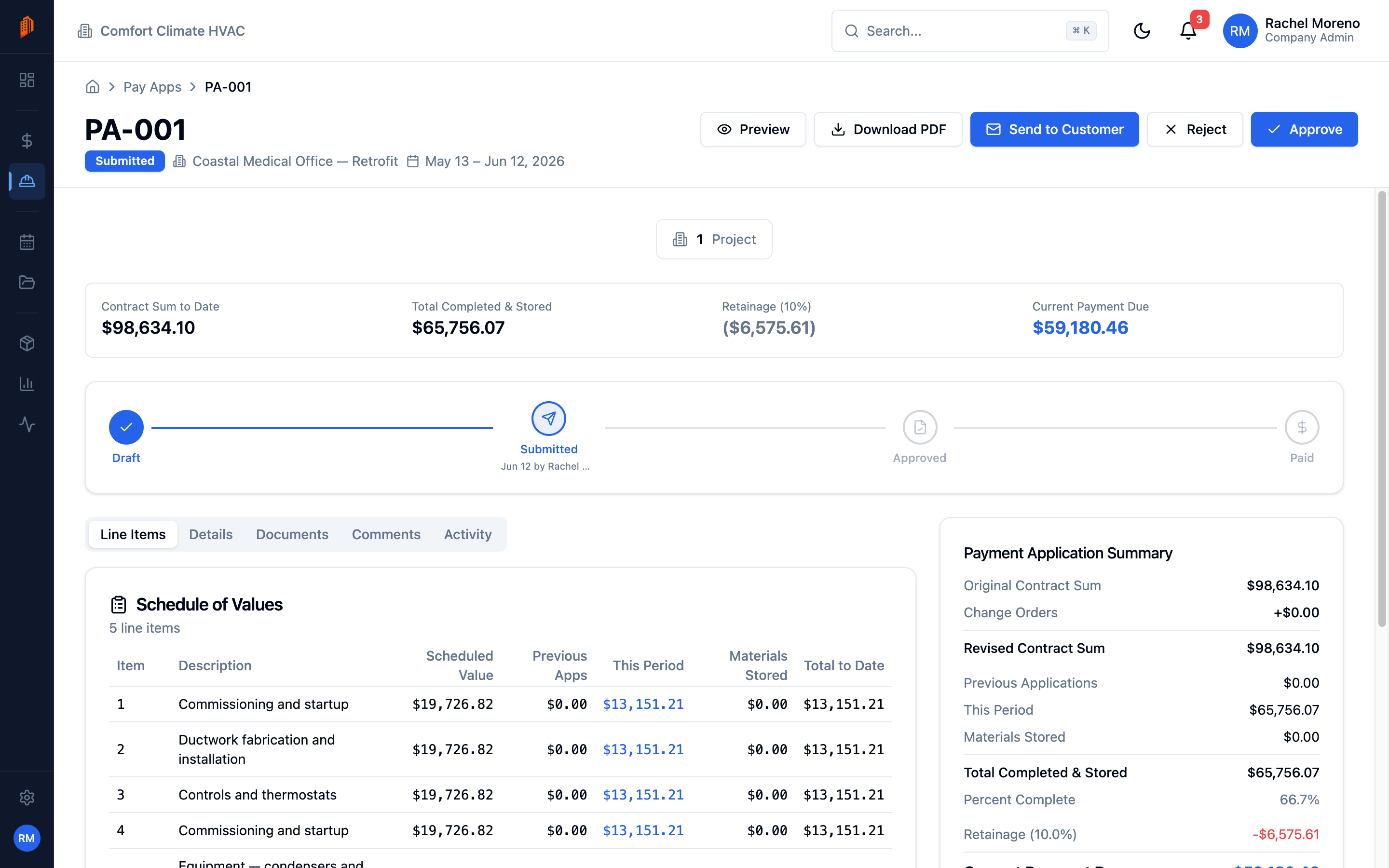 A submitted pay app with the workflow stepper on Submitted and Approve and Reject actions in the header