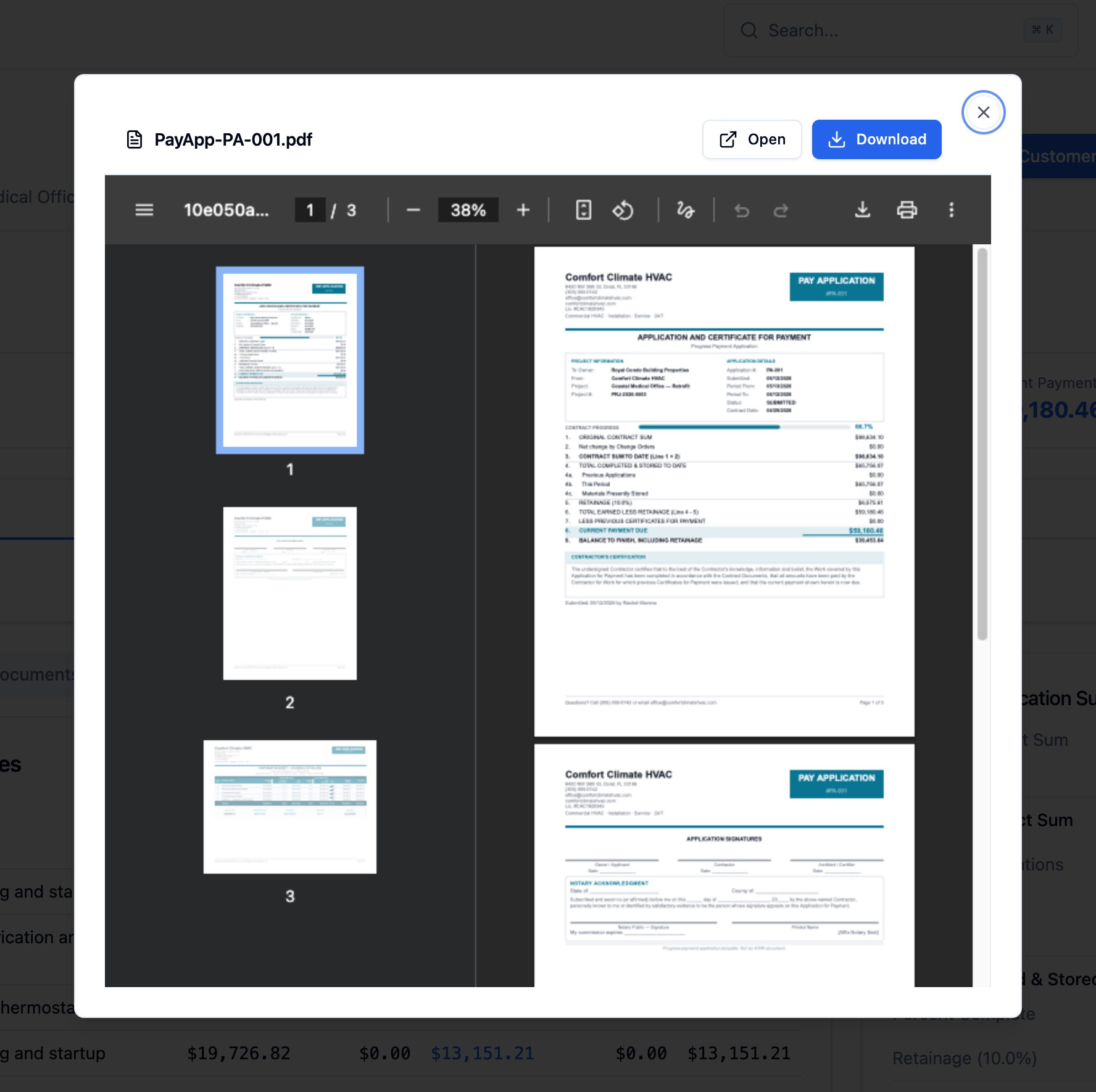 The pay app PDF preview dialog showing the rendered application with Open and Download buttons