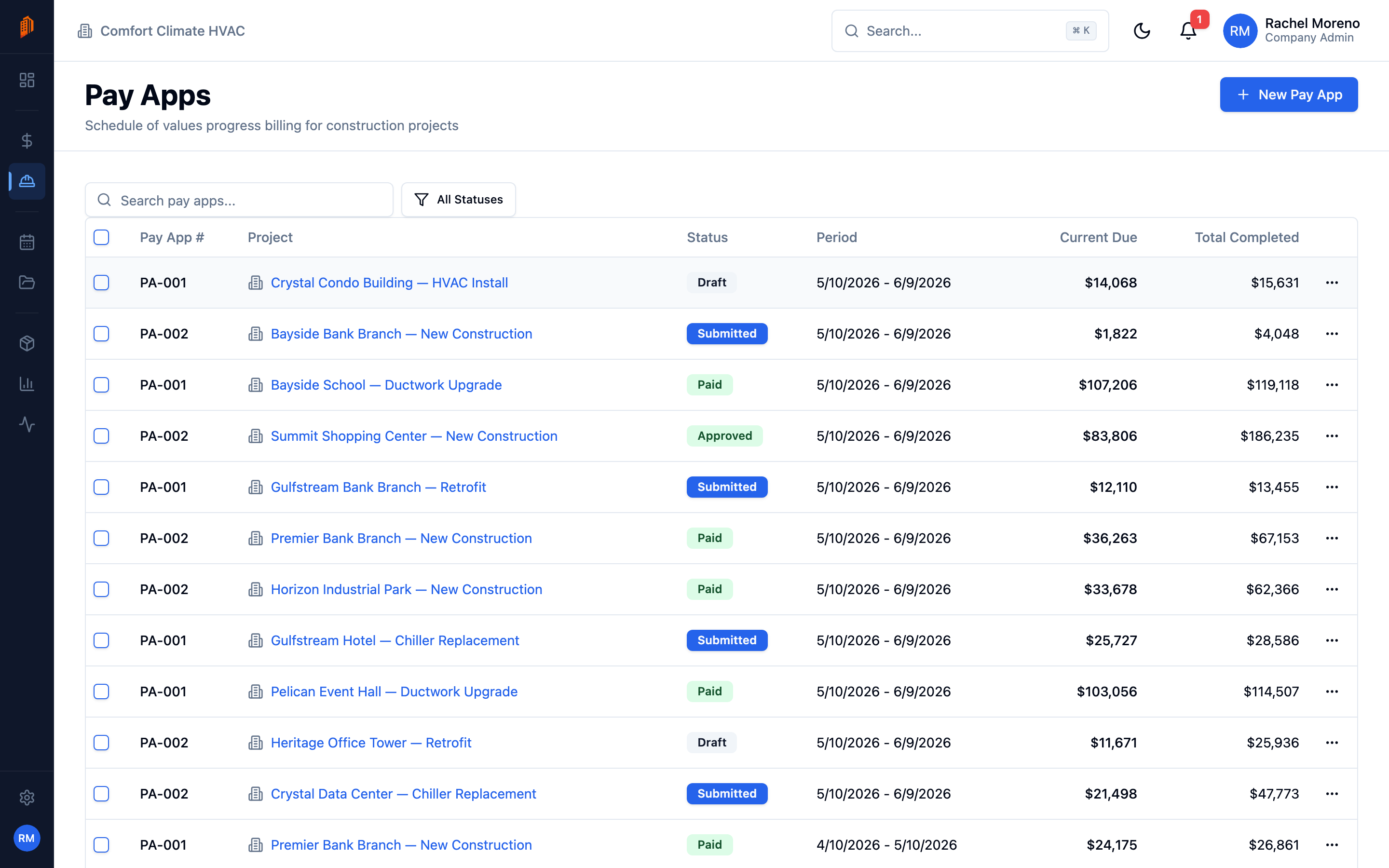 The Pay Apps list showing pay app number, project, status, and amounts