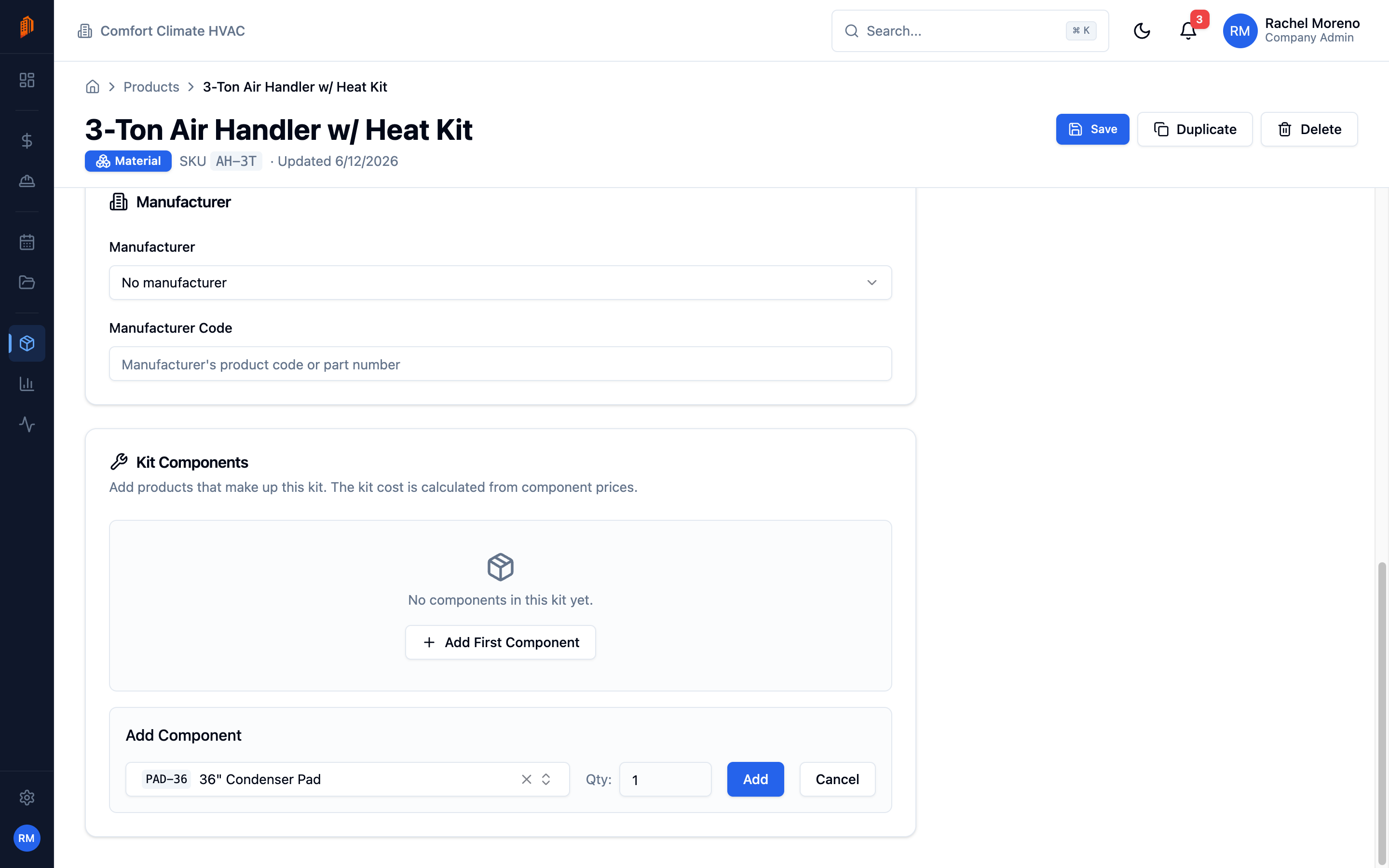 The Kit Components editor on a product detail page with the Add Component form open
