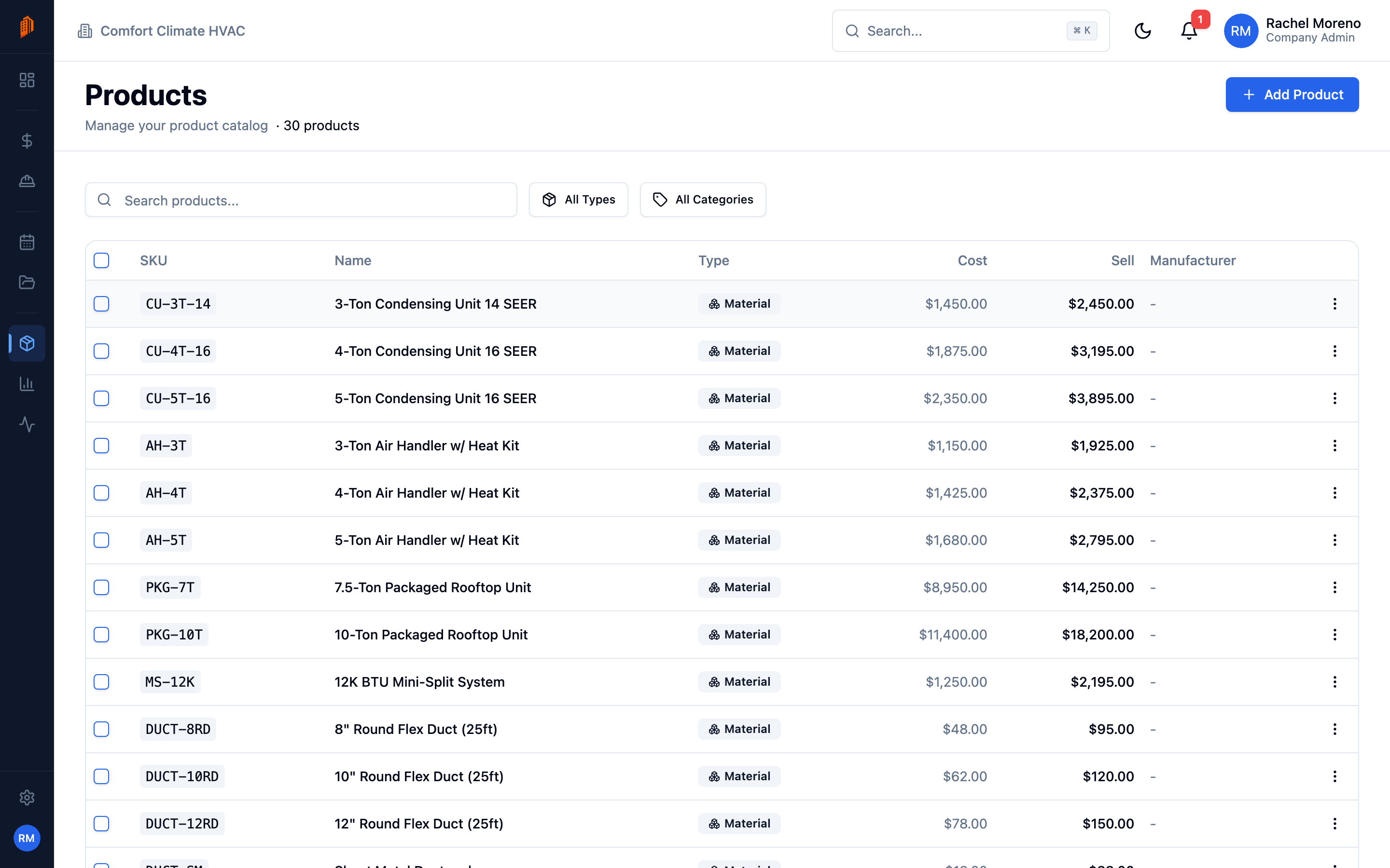 The Products catalog listing SKU, name, type, cost, and sell price