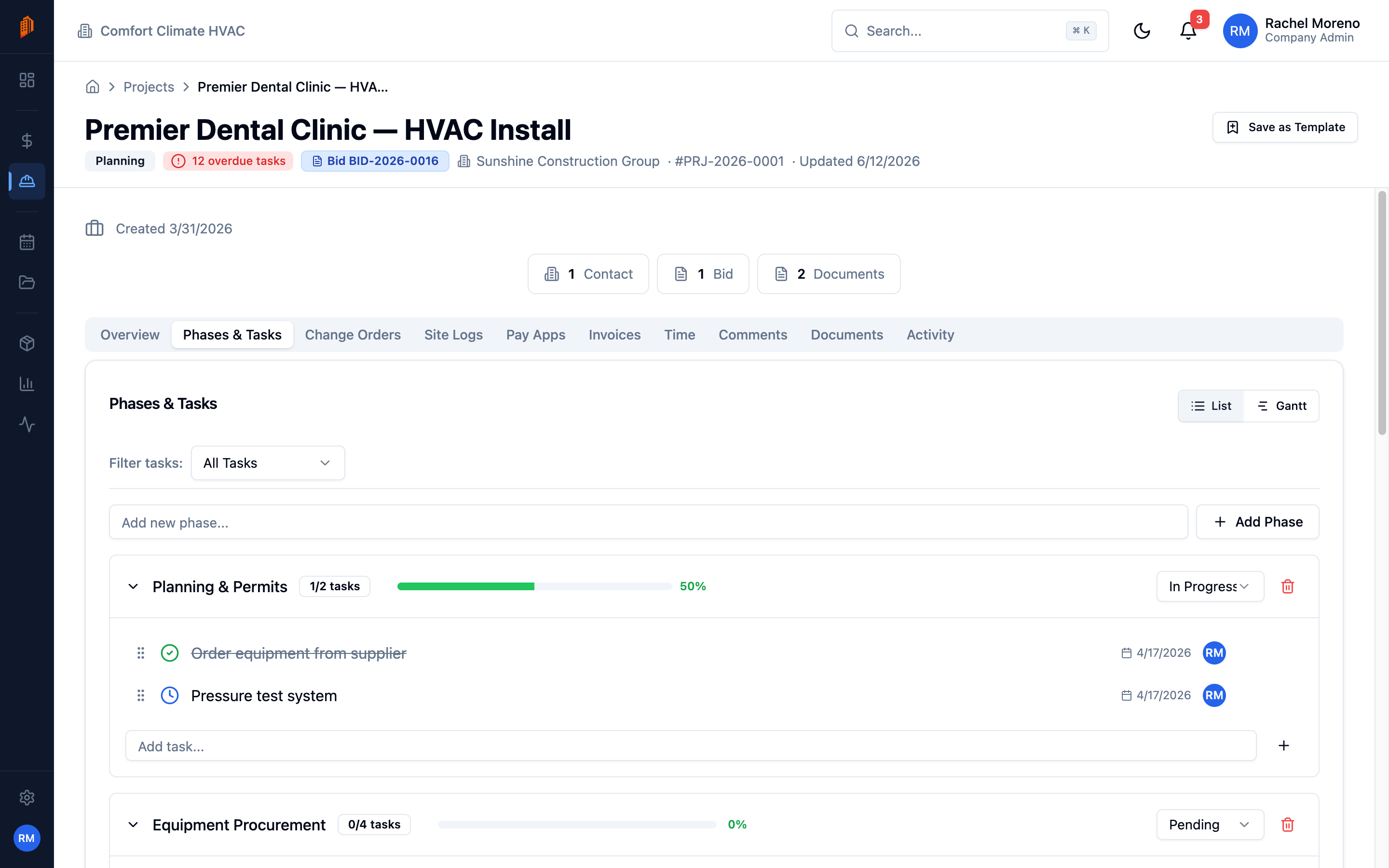 The Phases & Tasks tab of a project, with tasks grouped under phases and an Add Phase button