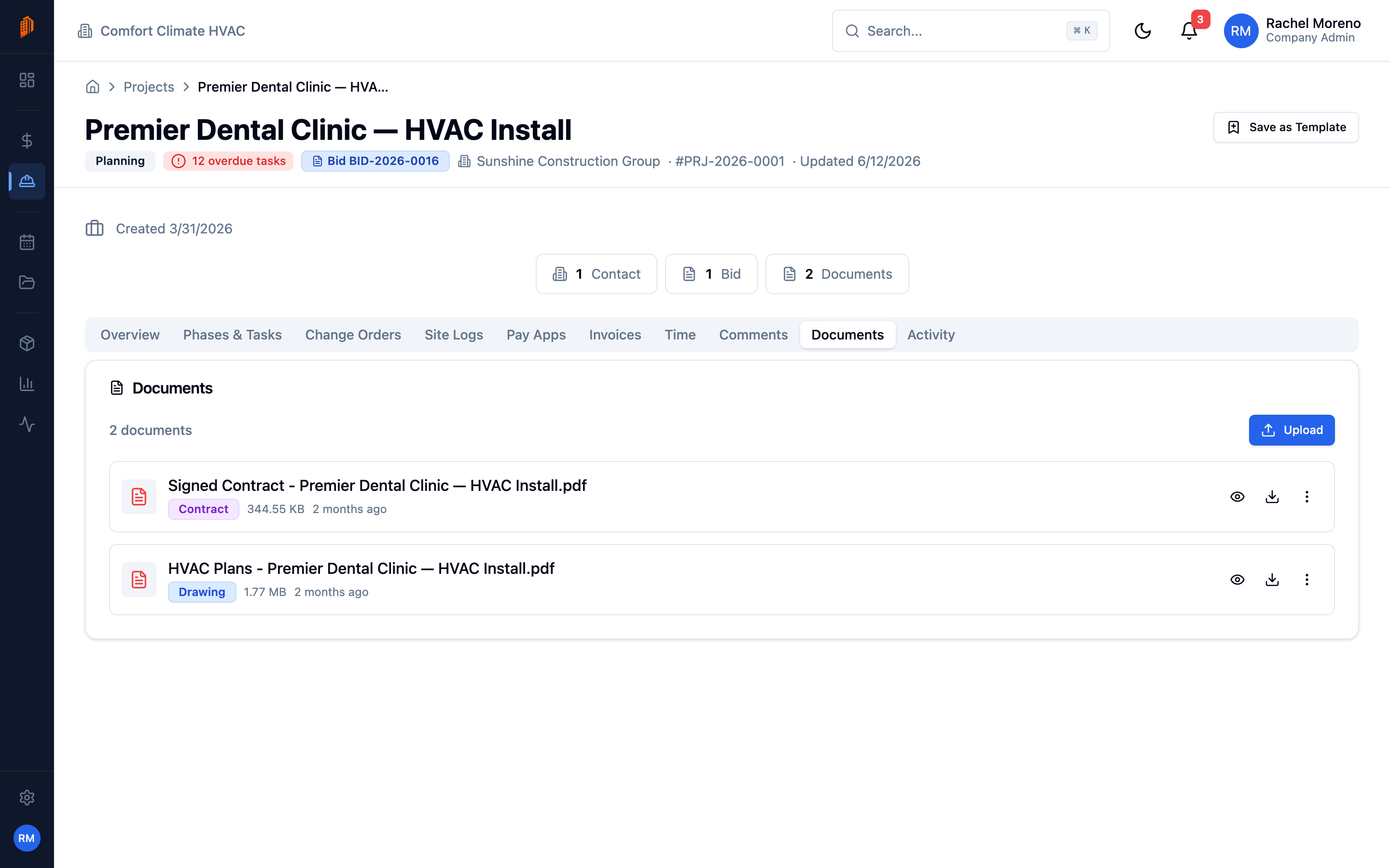 A project's Documents tab listing an attached contract and drawing with preview and download actions