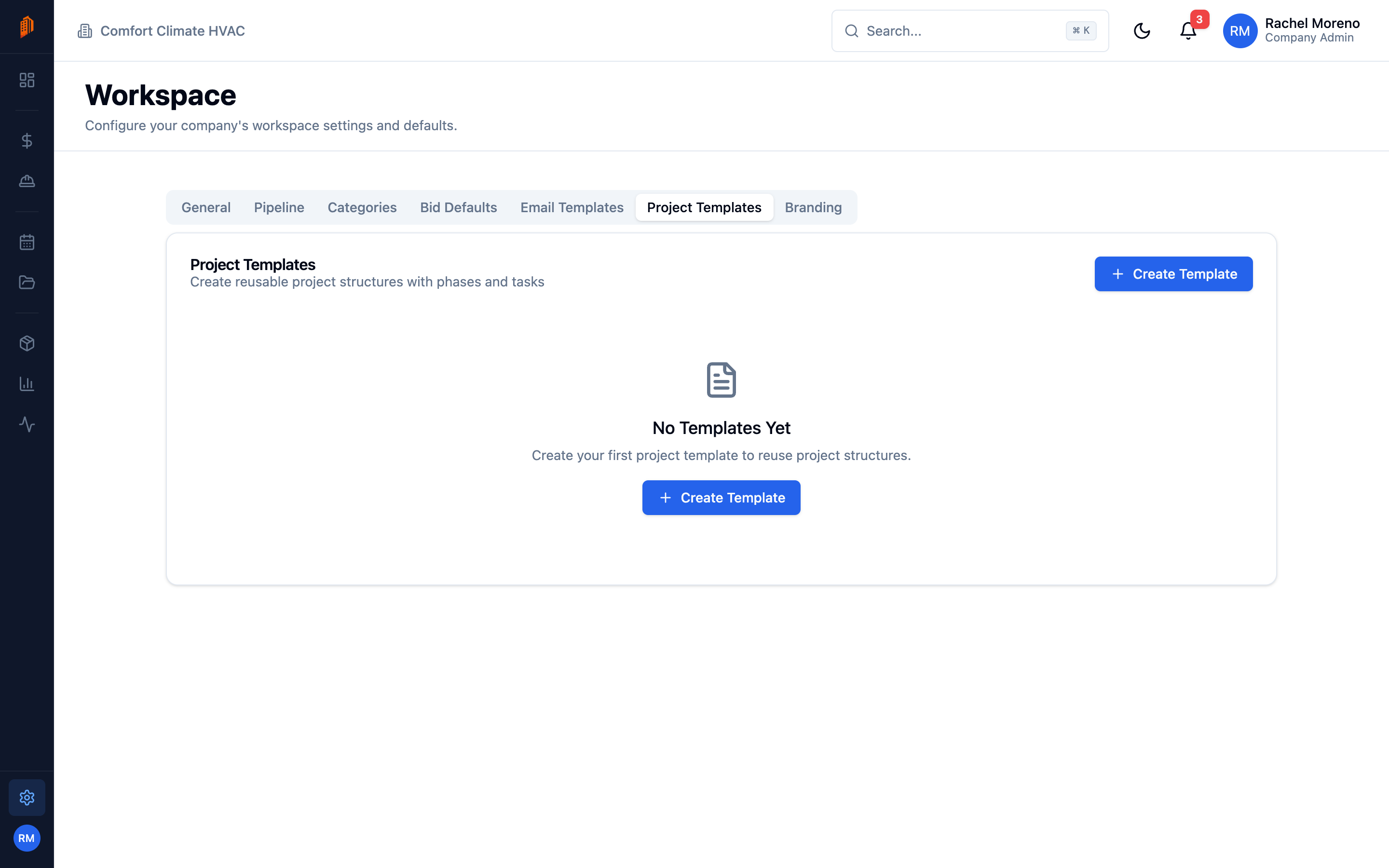 The Project Templates panel under Settings, Workspace, with a Create Template button