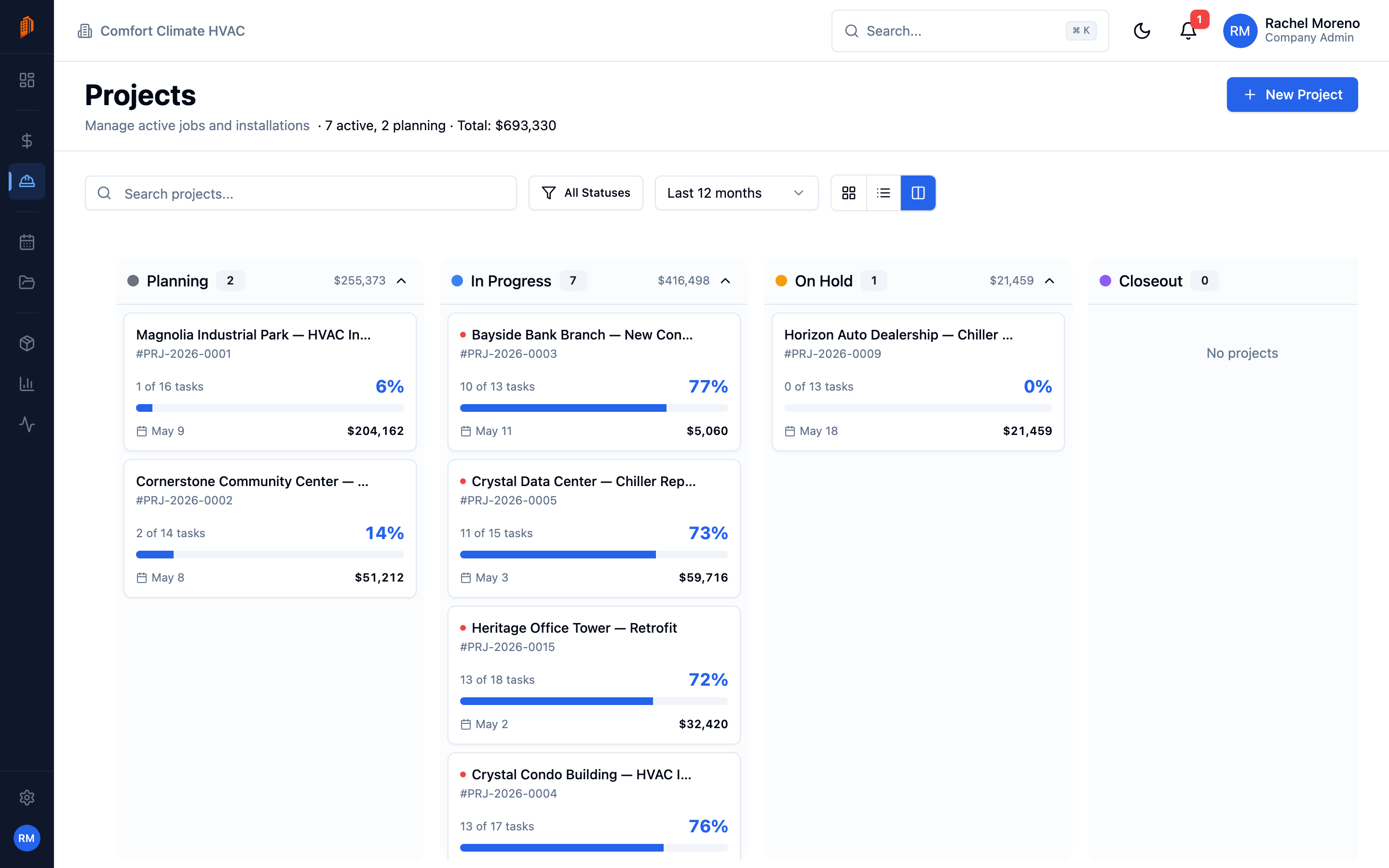 The Projects list in Kanban view, with projects grouped into status columns