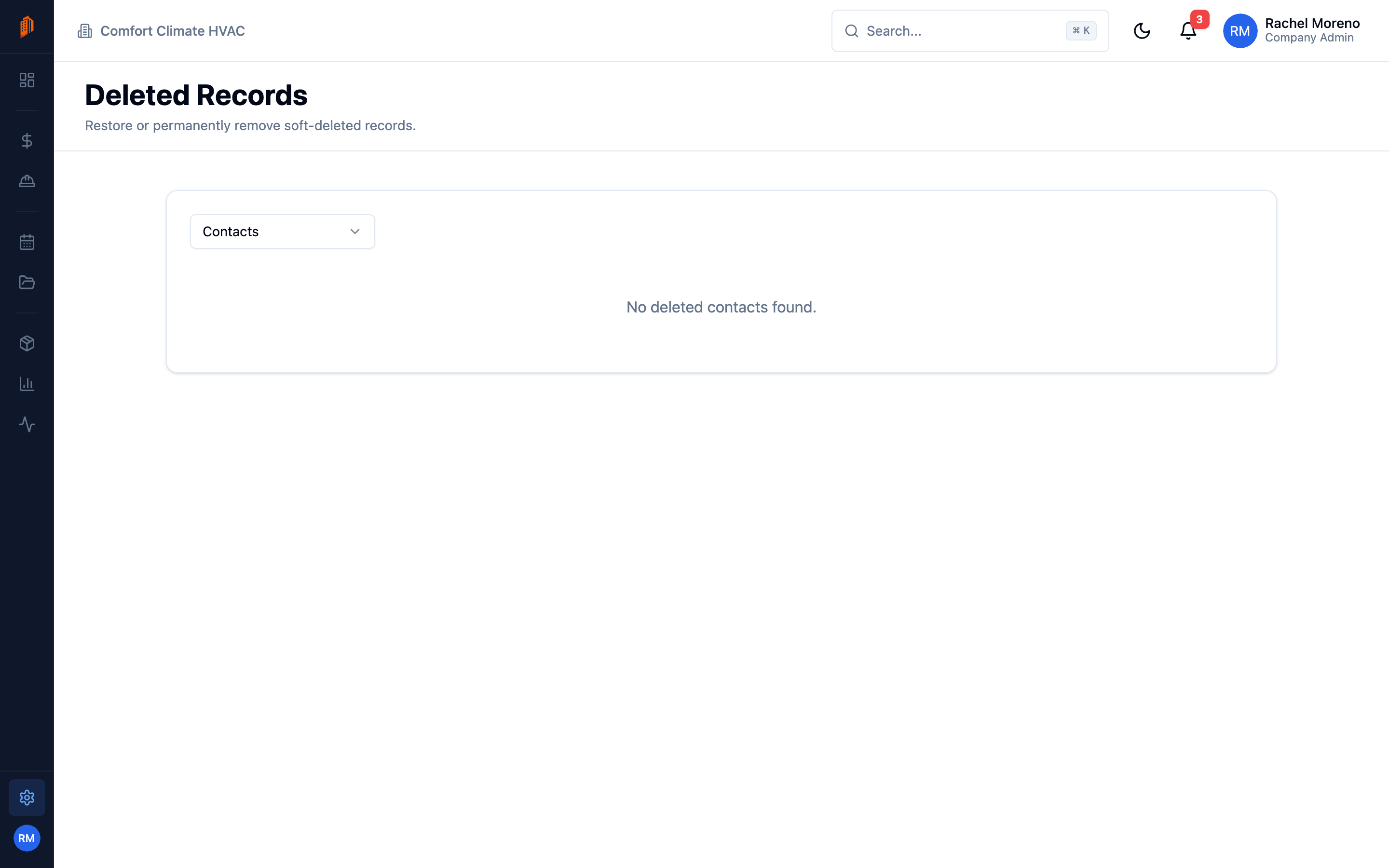 Deleted Records manager with the record type dropdown set to Contacts