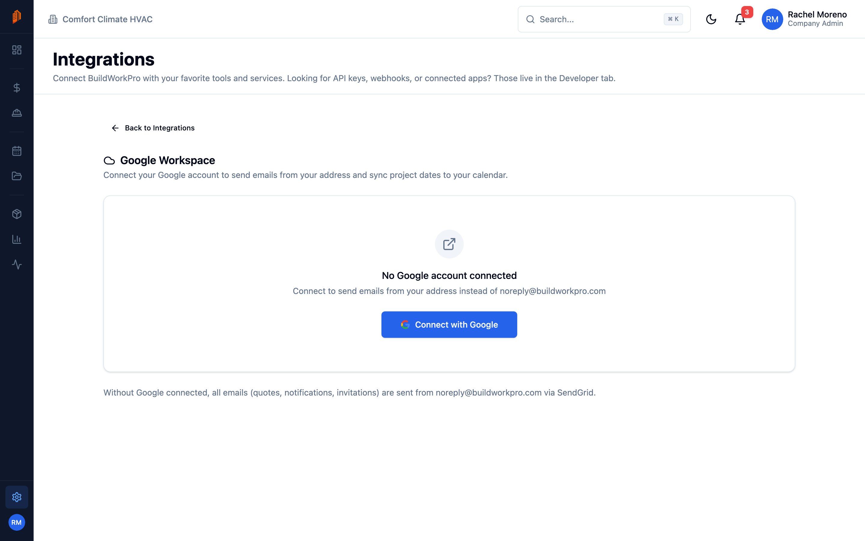 Google Workspace page in Integrations settings showing the Connect with Google button before an account is connected