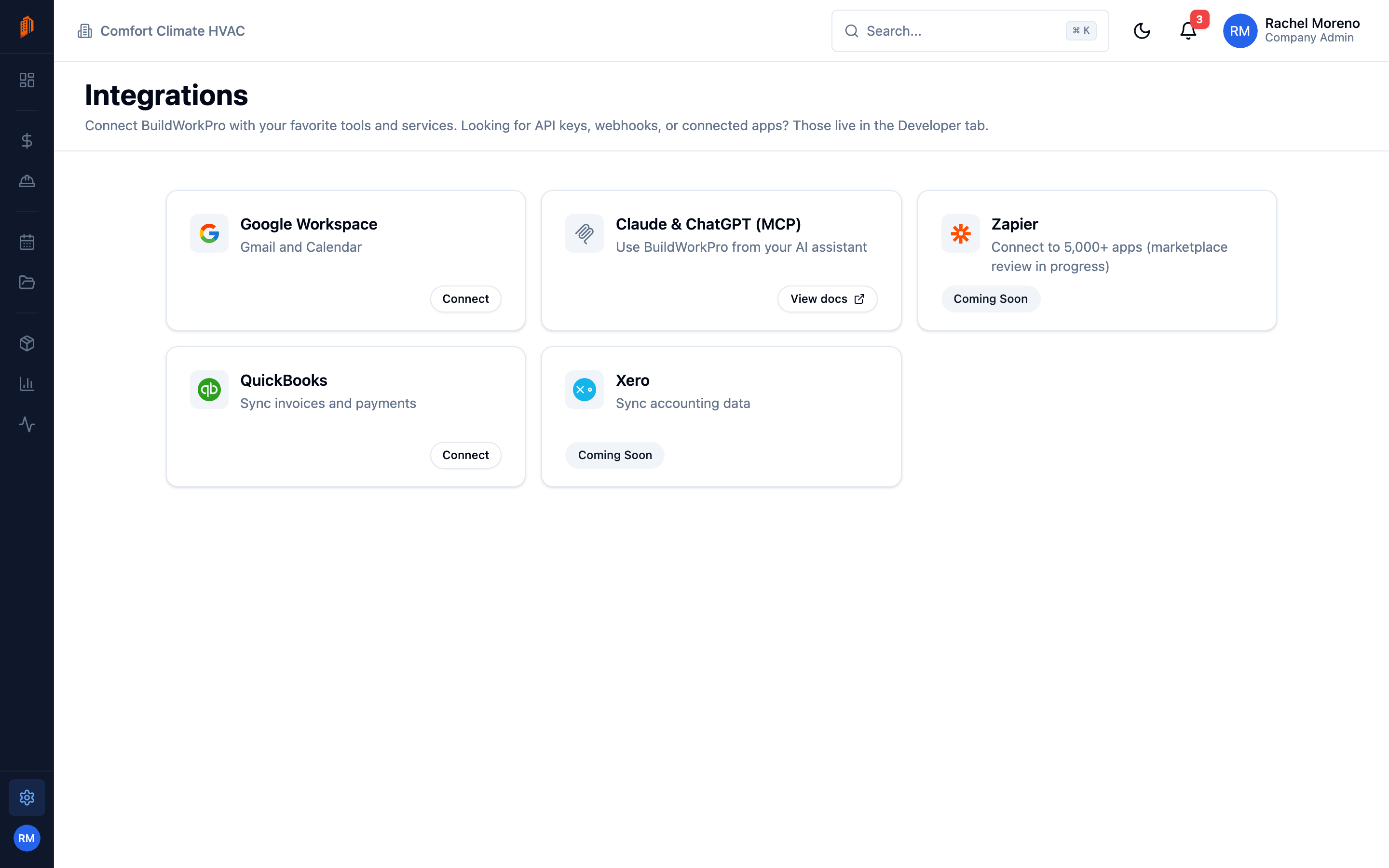Integrations settings tab with cards for Google Workspace, Claude & ChatGPT (MCP), Zapier, QuickBooks, and Xero