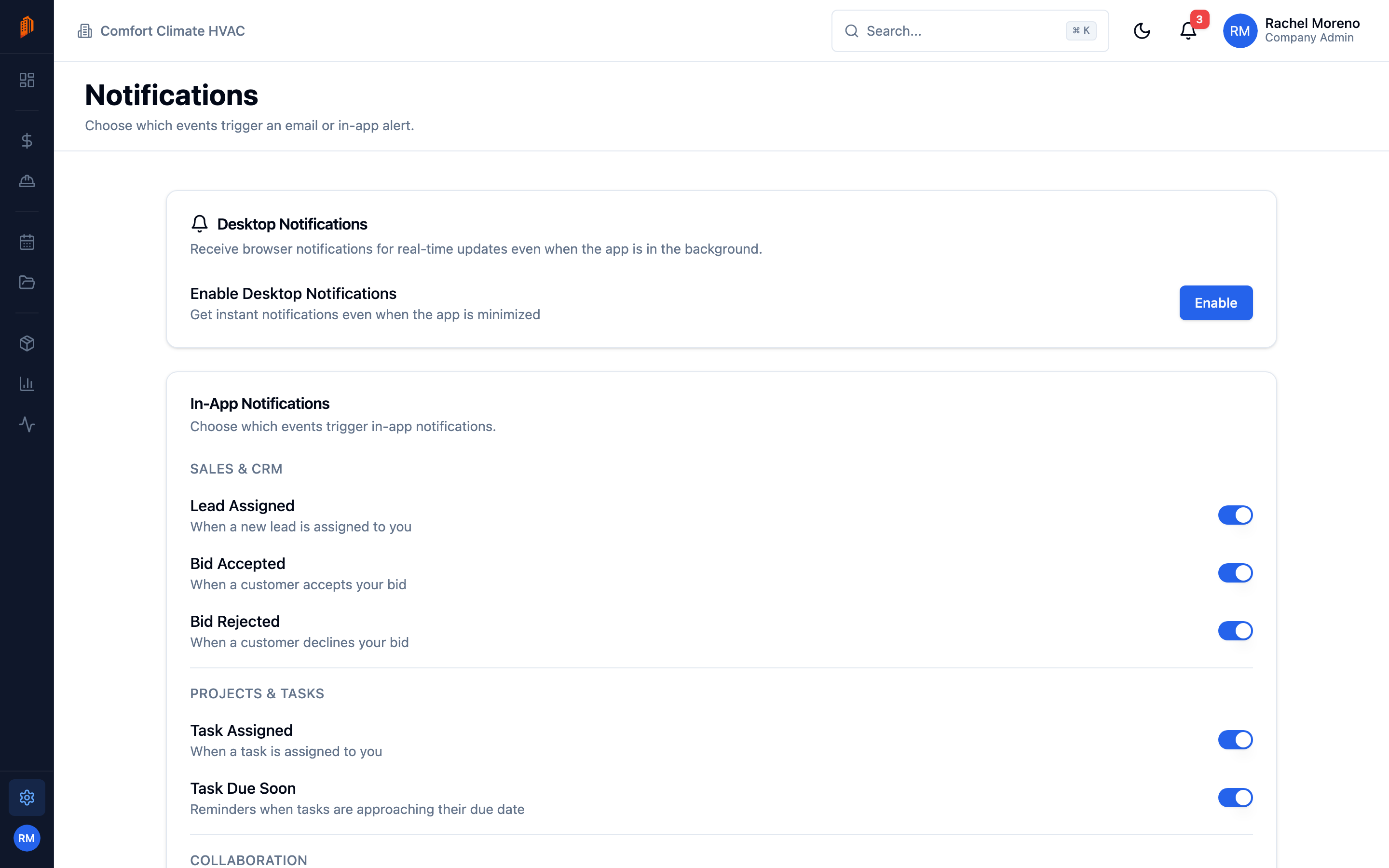 Notifications settings tab with the Enable Desktop Notifications prompt and per-event in-app notification toggles