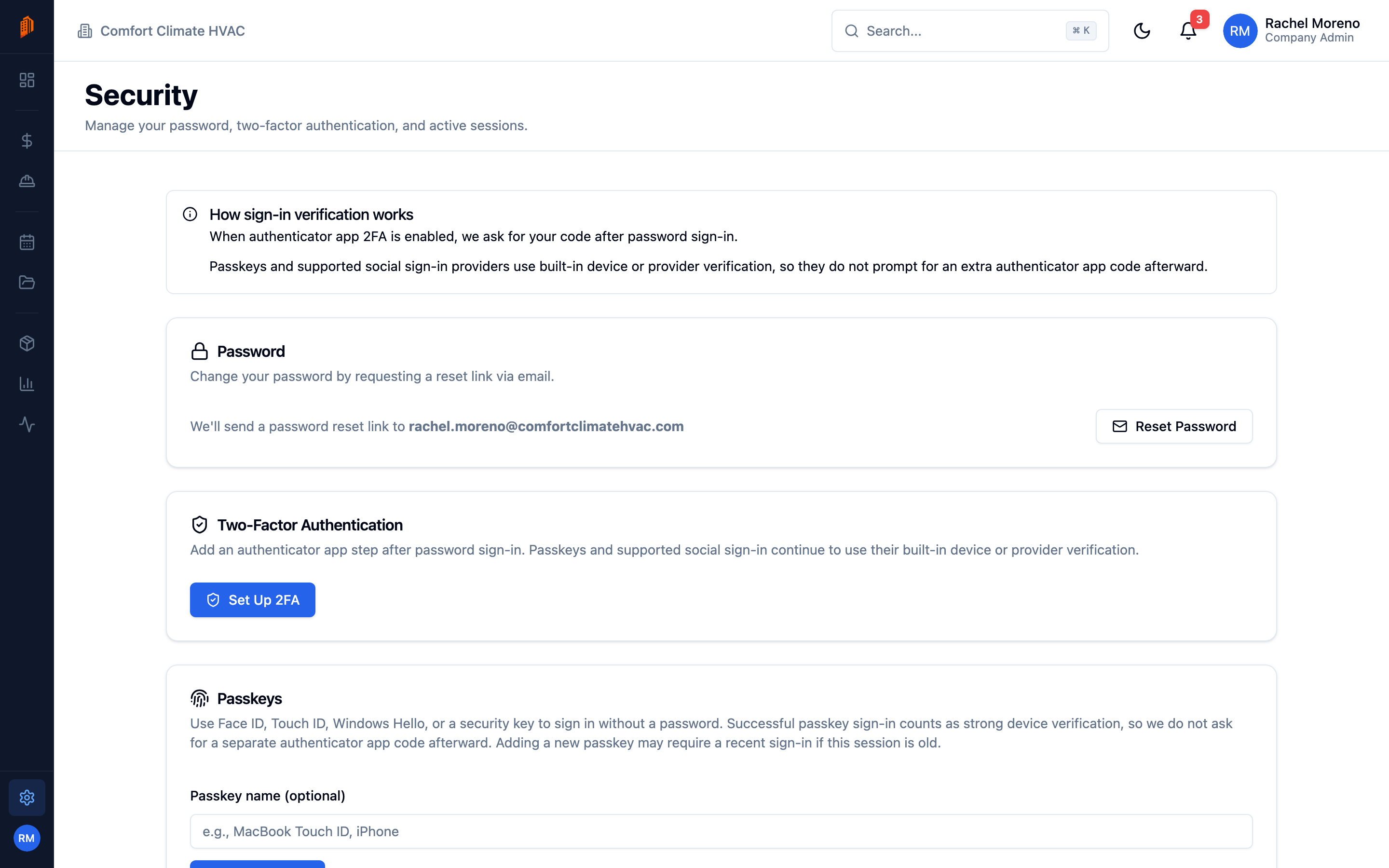 Security settings tab showing the Password, Two-Factor Authentication, and Passkeys cards with the Set Up 2FA button