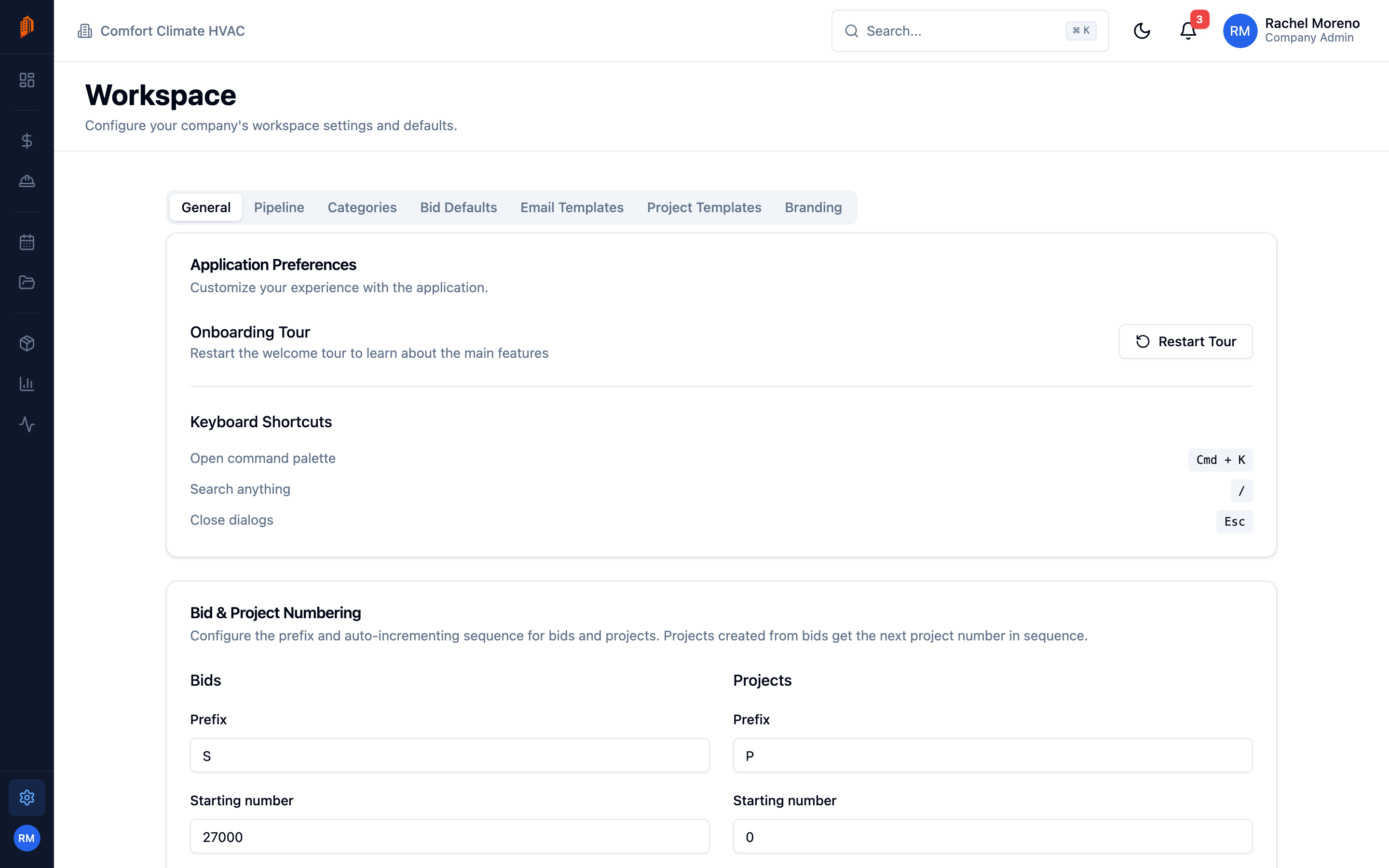 Workspace settings tab with its General, Pipeline, Categories, Bid Defaults, Email Templates, Project Templates, and Branding sub-tabs