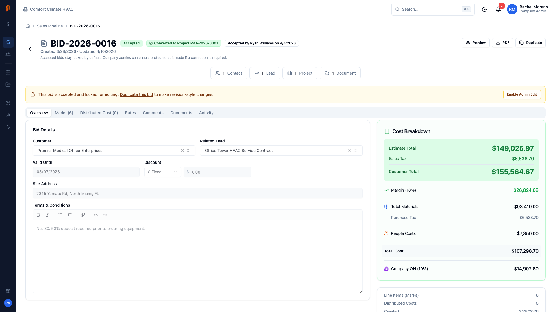 Accepted bid detail showing line items, cost breakdown sidebar, and bid summary