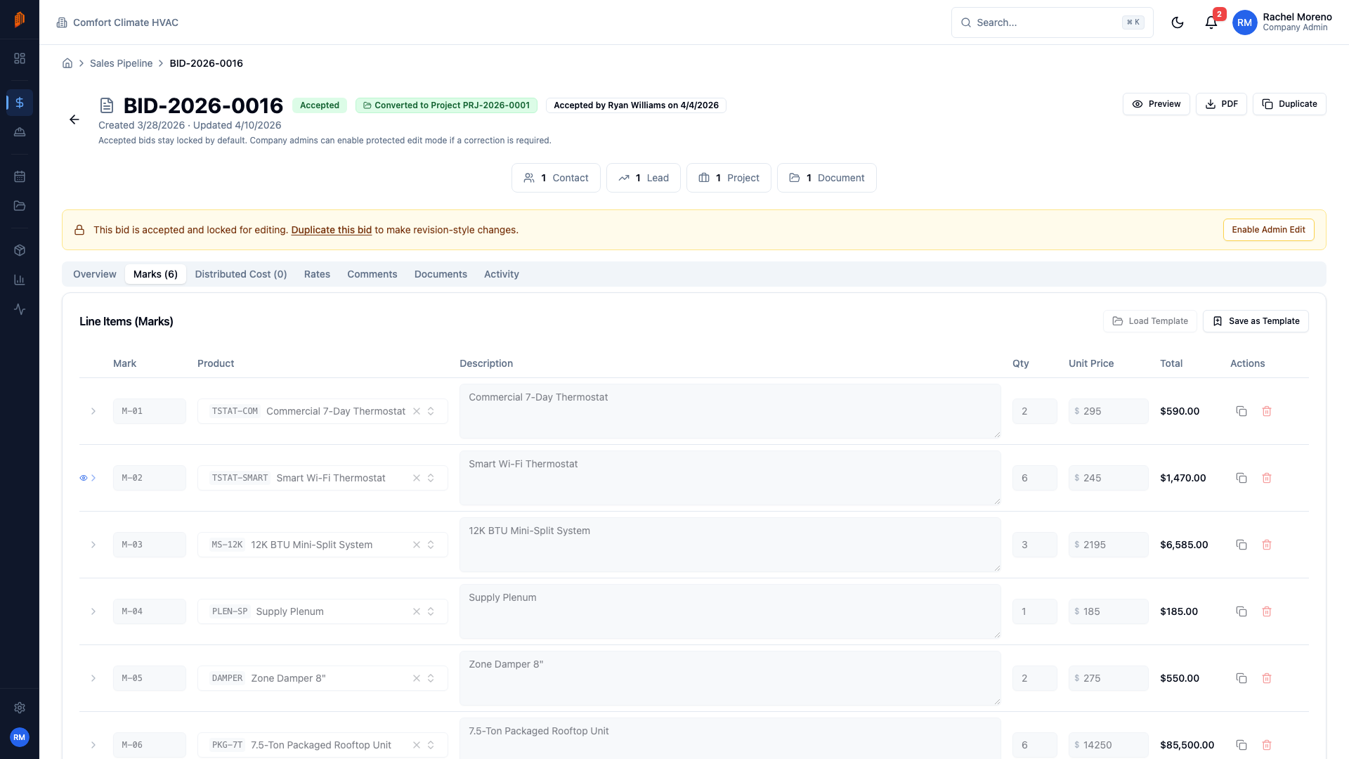 BuildWorkPro bid rates and marks showing margin, commission, and overhead applied to the estimate