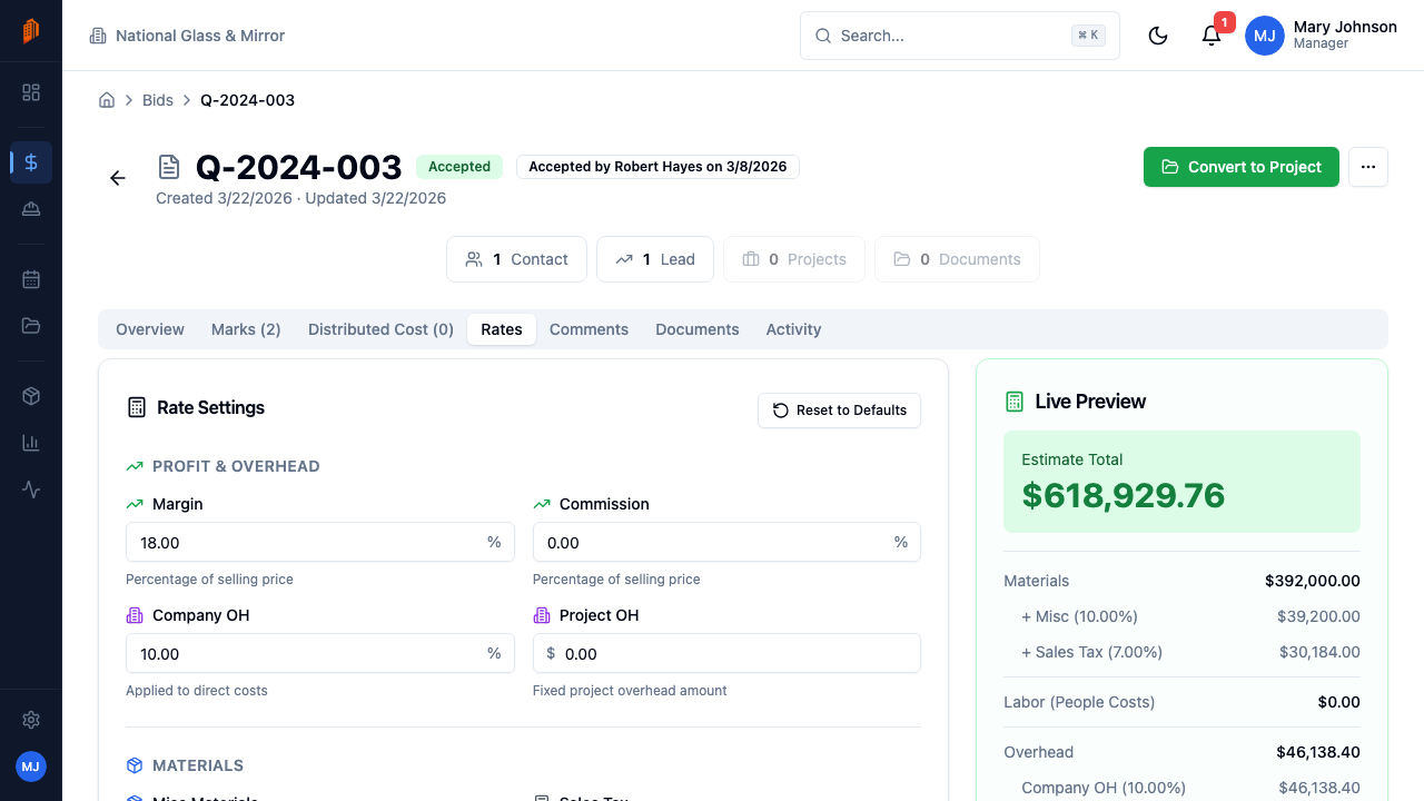 BuildWorkPro bid Rates tab applying margin, overhead, and commission to roll cost into the customer total