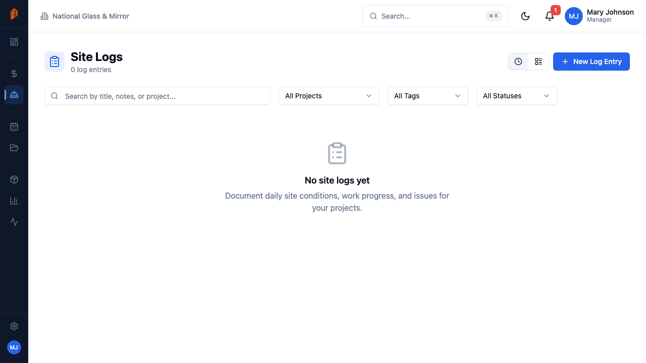 BuildWorkPro site logs list showing daily entries with date, title, tags, and reviewed status