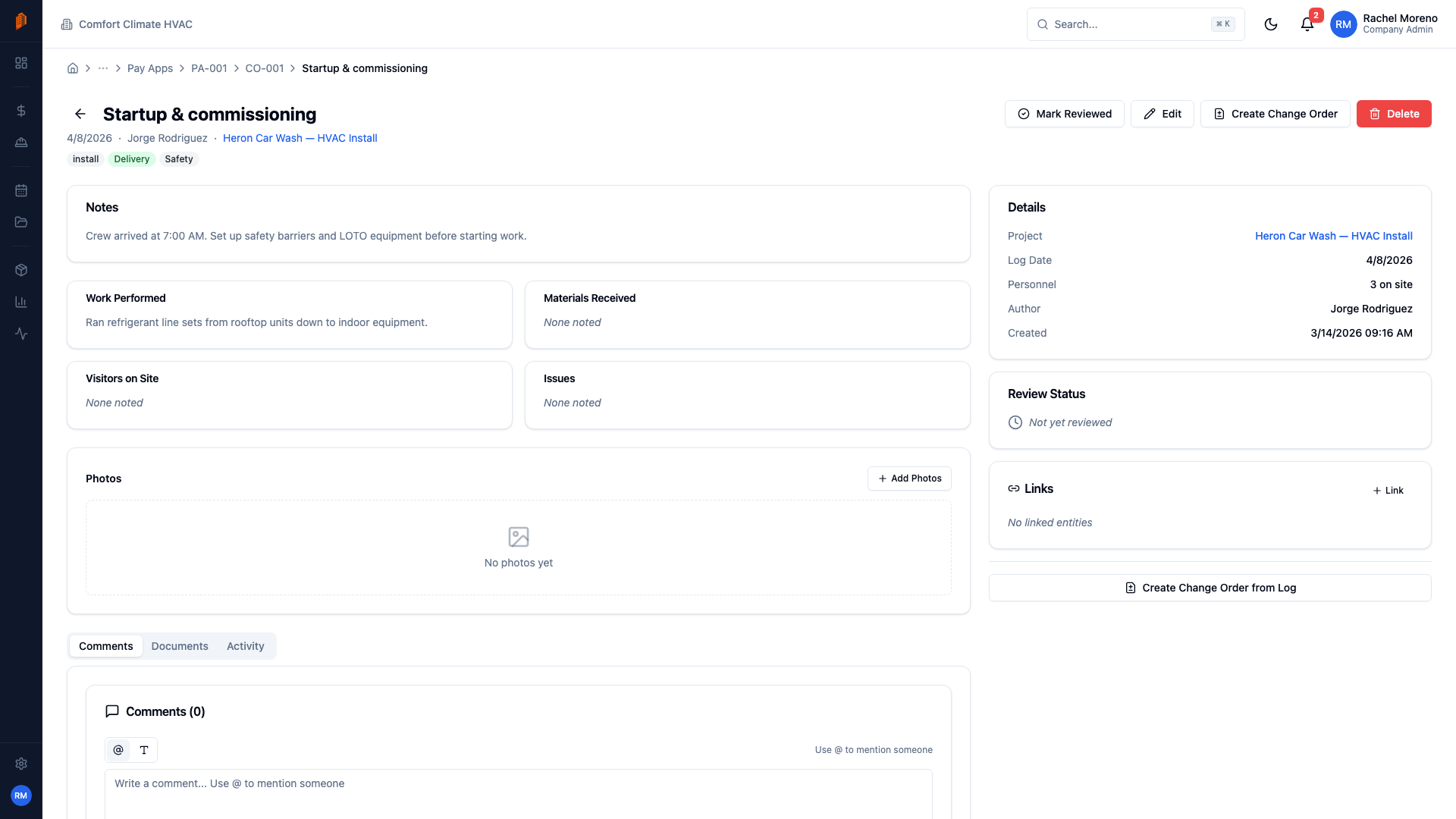 Site log detail showing weather data, personnel list, and daily work summary