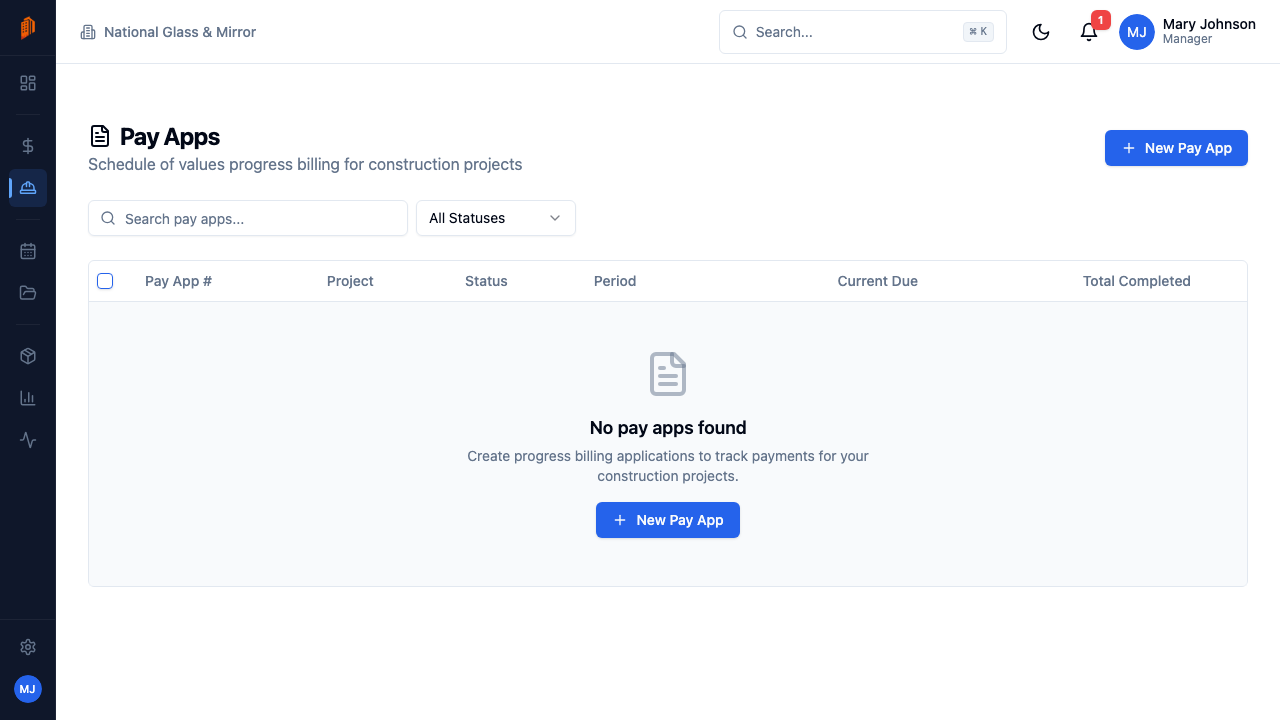 BuildWorkPro pay applications list showing billing periods, amounts, and approval status