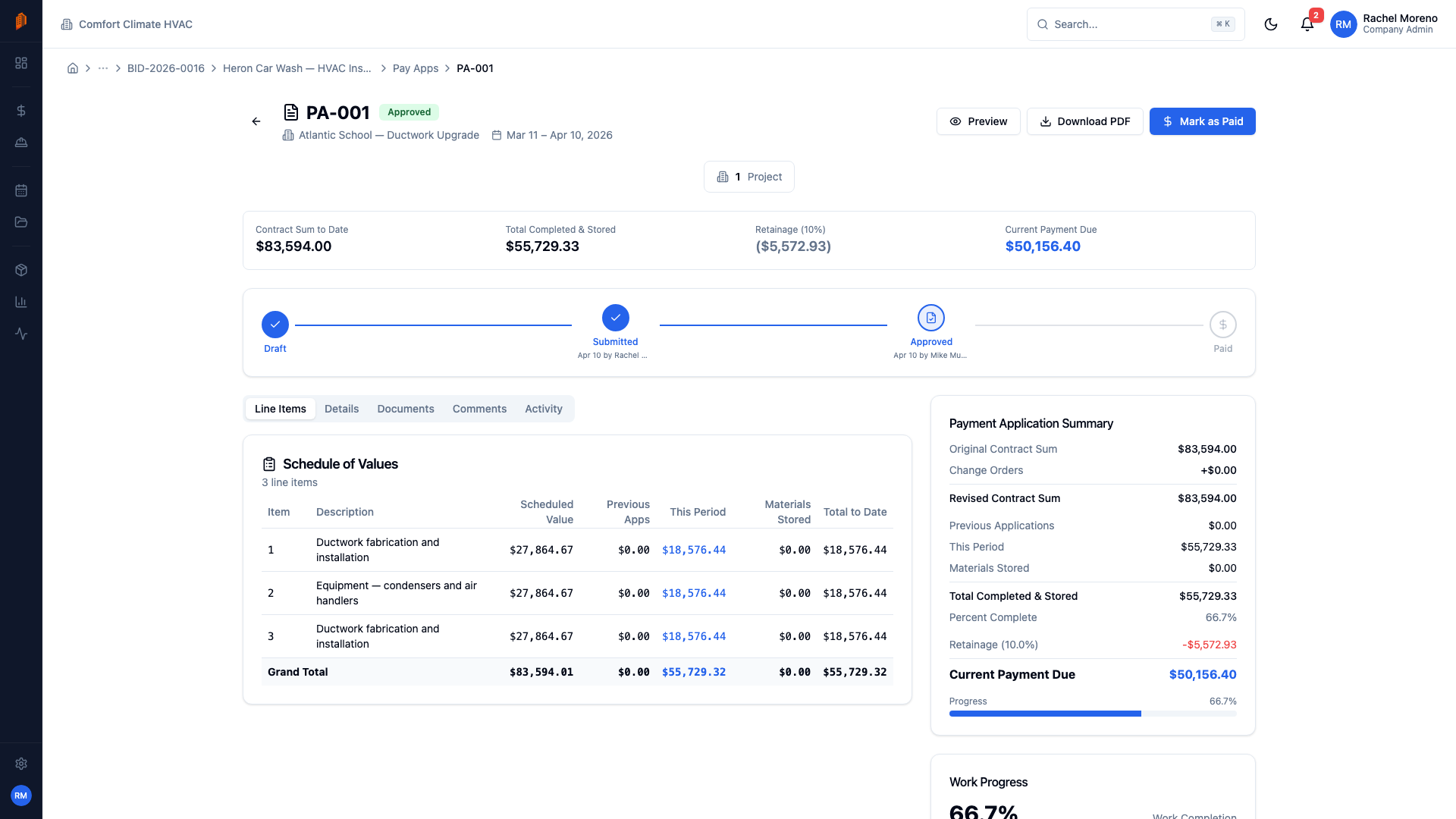 Pay application detail showing workflow stepper, AIA summary, and schedule of values