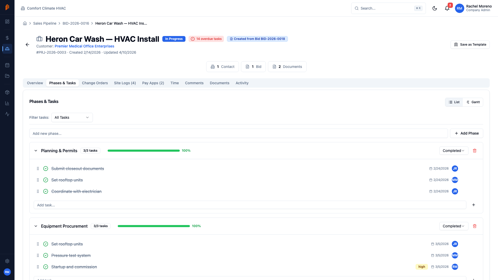 BuildWorkPro project Phases & Tasks tab showing phases broken into tasks with statuses, priorities, and assignees