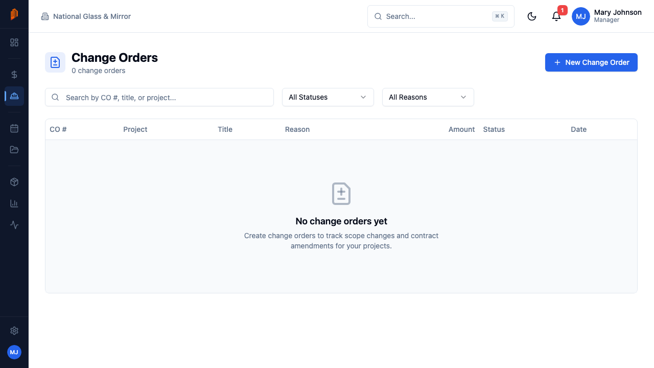 An approved change order in BuildWorkPro after adjusting the project's contract value