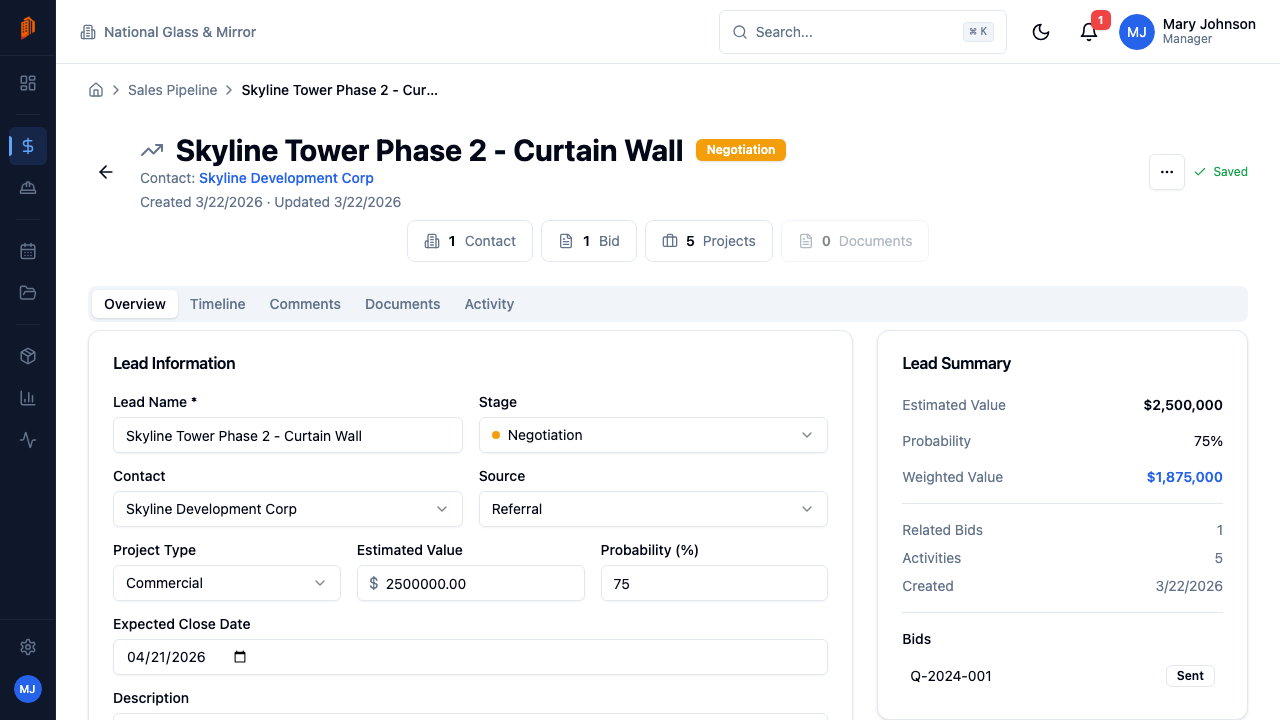 BuildWorkPro lead detail page showing pipeline value, probability, weighted value, and activity