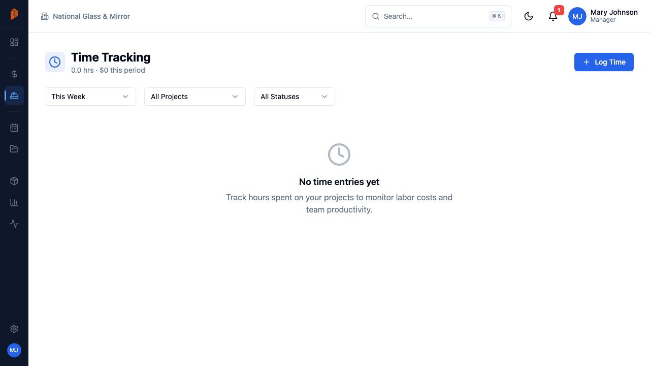BuildWorkPro time tracking page showing crew time entries grouped by day with hours, computed cost, and review status