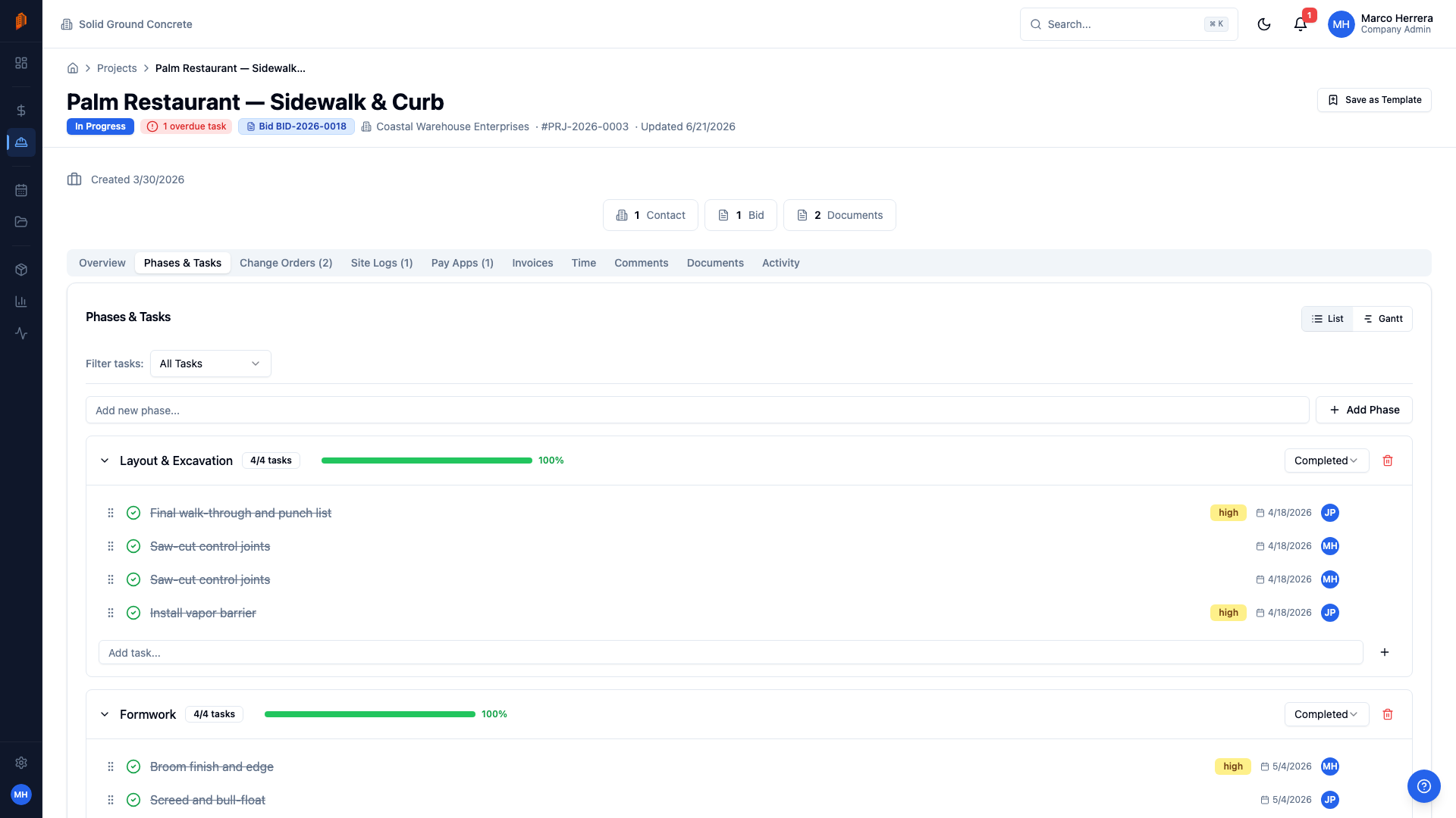 BuildWorkPro project phases and tasks view showing a construction job broken into sequenced phases