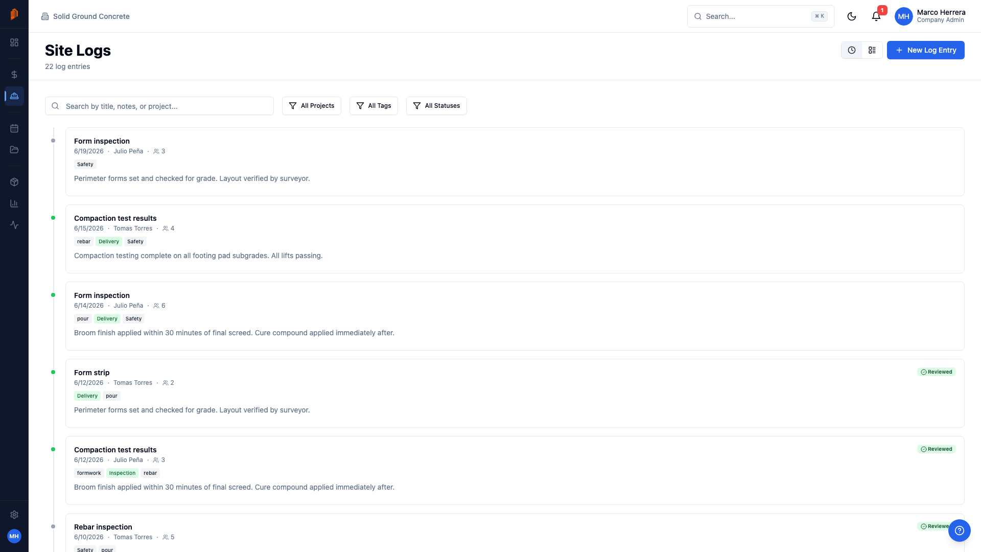 BuildWorkPro site logs list showing daily log entries with tags and personnel counts
