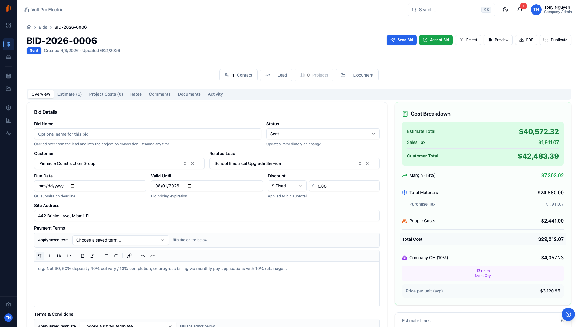 BuildWorkPro bid detail page showing an electrical estimate with line items, material and labor cost breakdowns, and bid totals