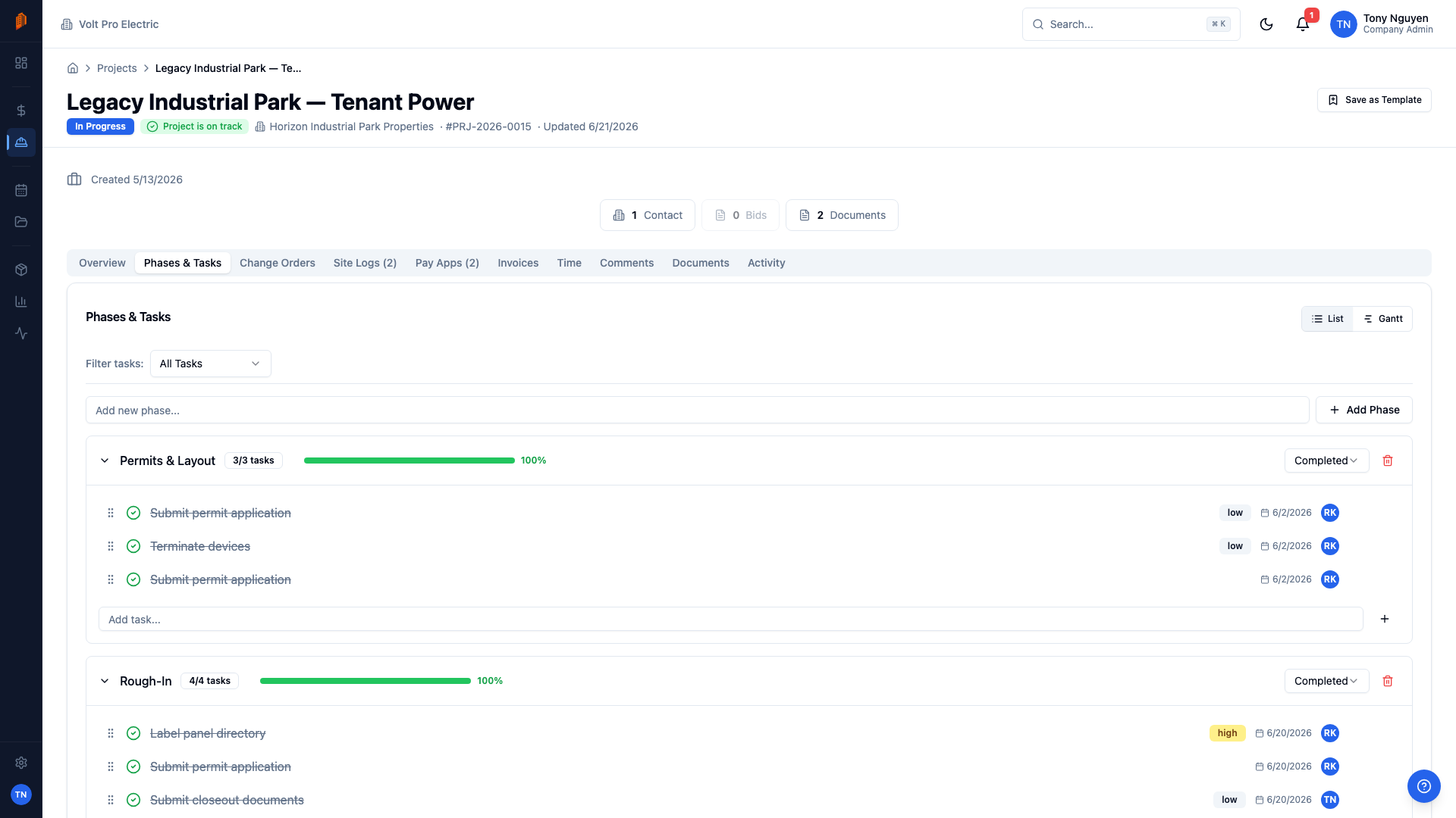 BuildWorkPro project page showing phases and tasks with schedule dates and progress