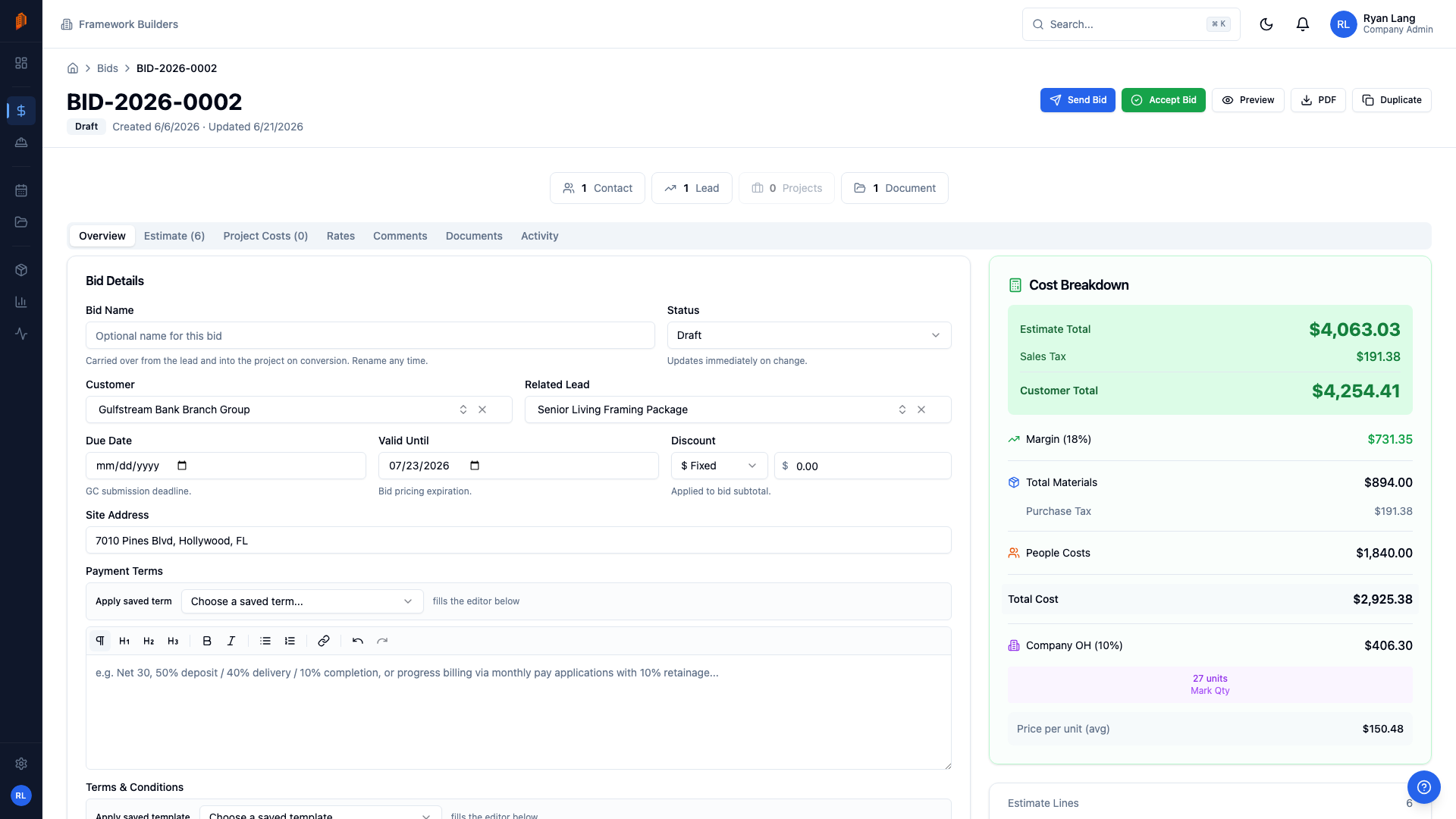 BuildWorkPro bid detail page showing line items with material and labor cost breakdowns and totals