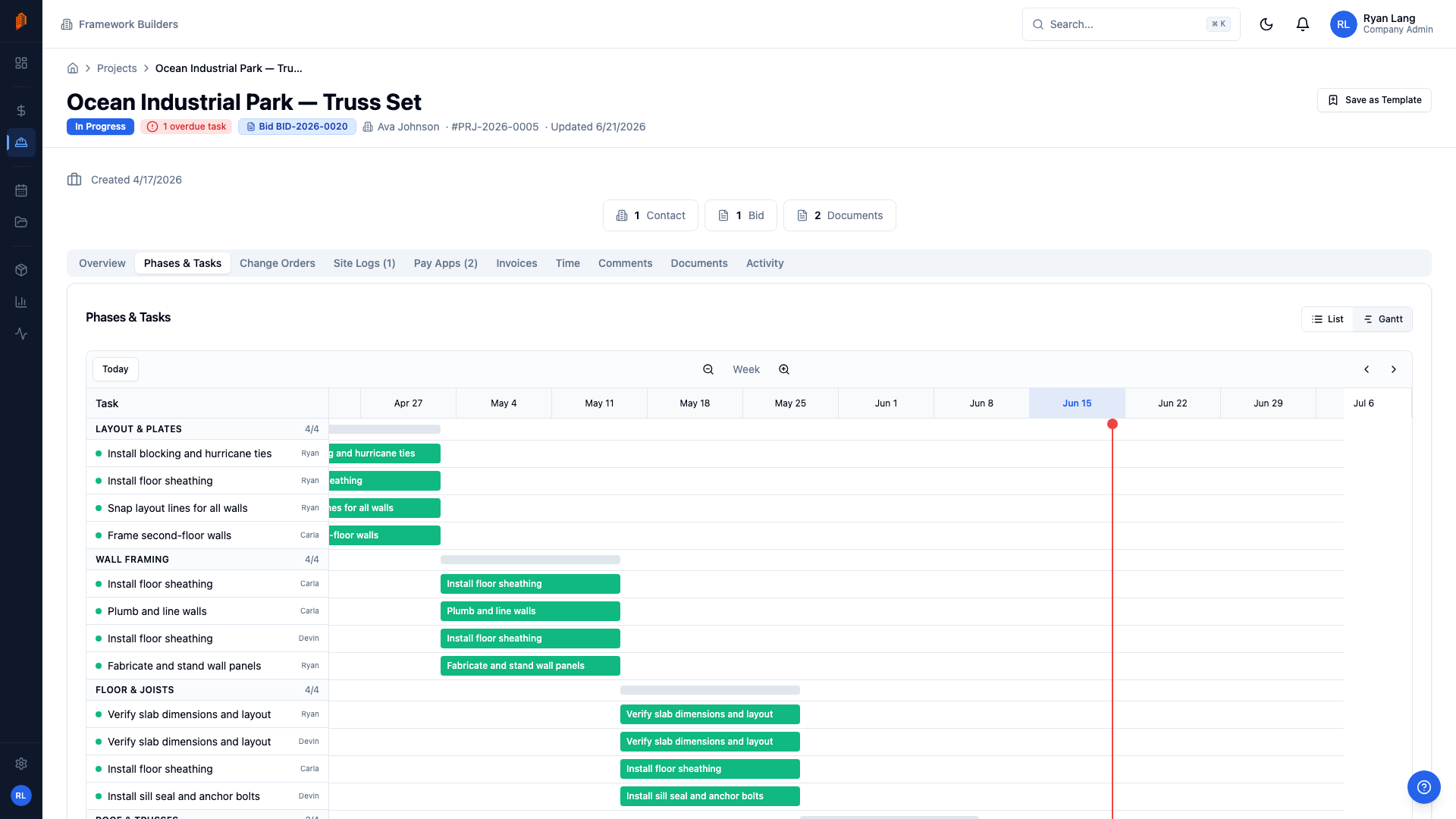 BuildWorkPro Gantt chart showing project phases and tasks with dependencies