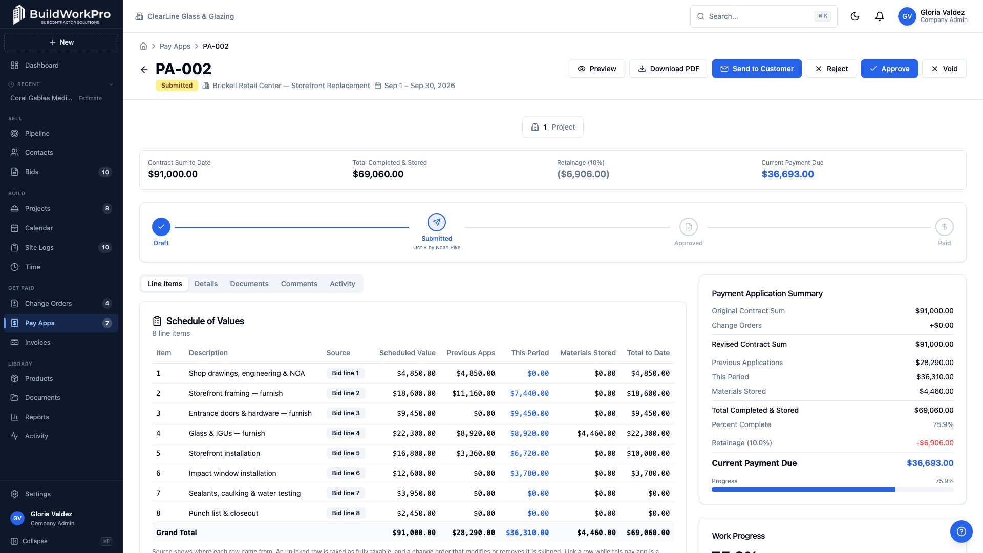 BuildWorkPro pay application with schedule of values, retainage, and approval status